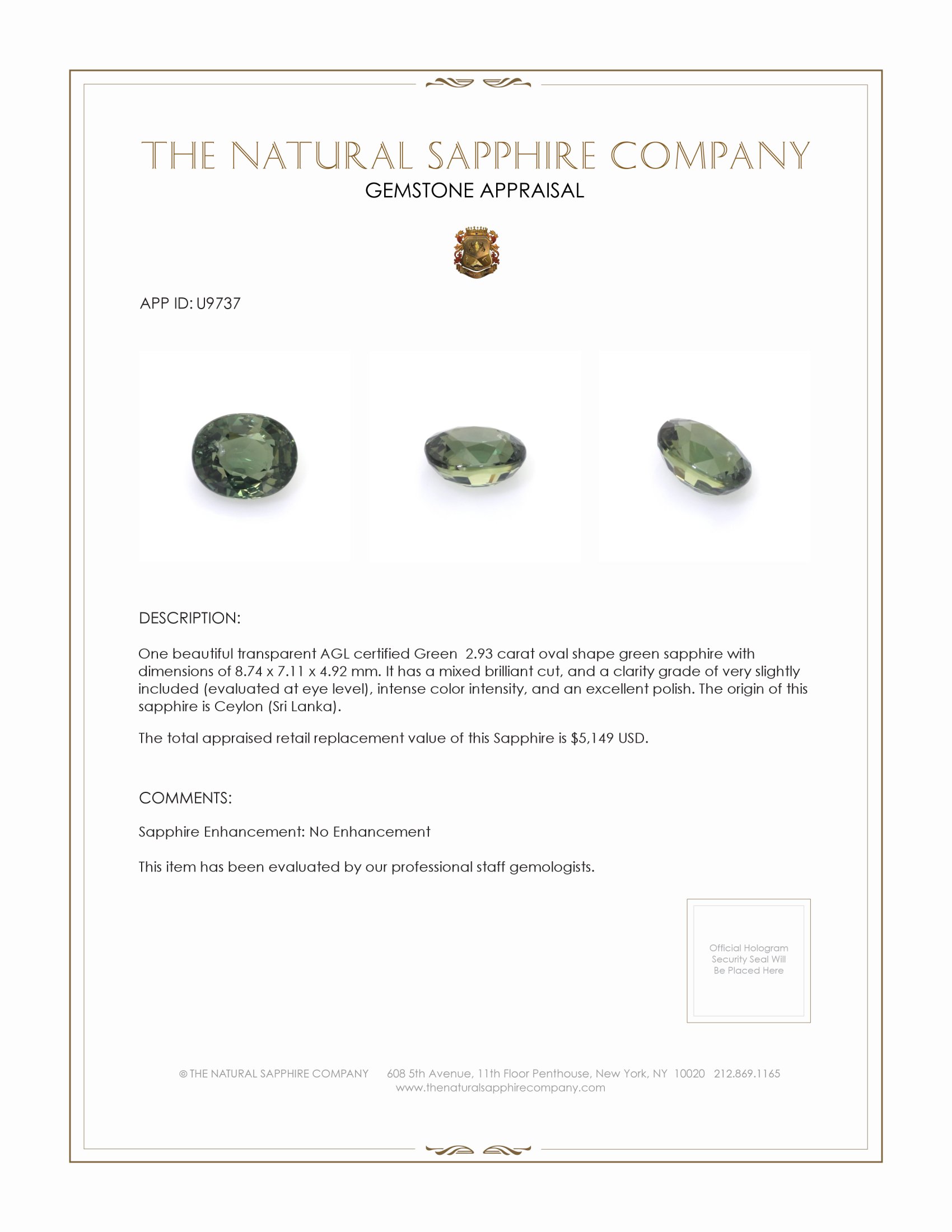 2.93 Ct. Green Sapphire from Ceylon (Sri Lanka)