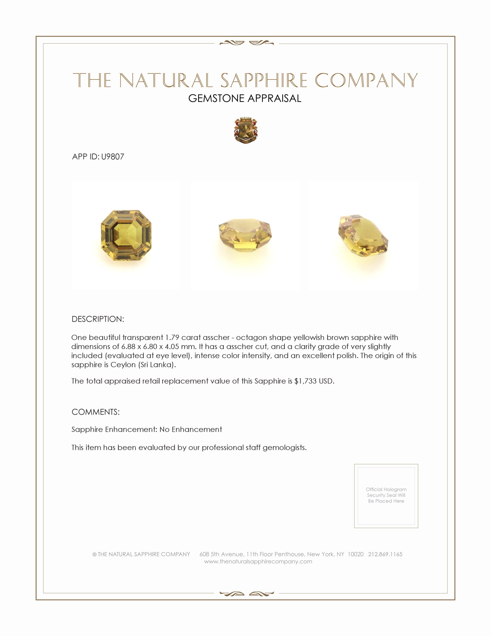 1.79 Ct. Yellowish Brown Sapphire from Ceylon (Sri Lanka)