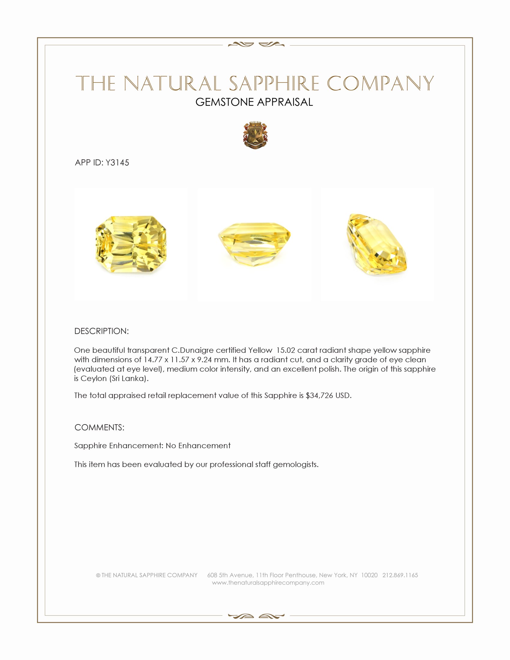 15.02 Ct. Yellow Sapphire from Ceylon (Sri Lanka)