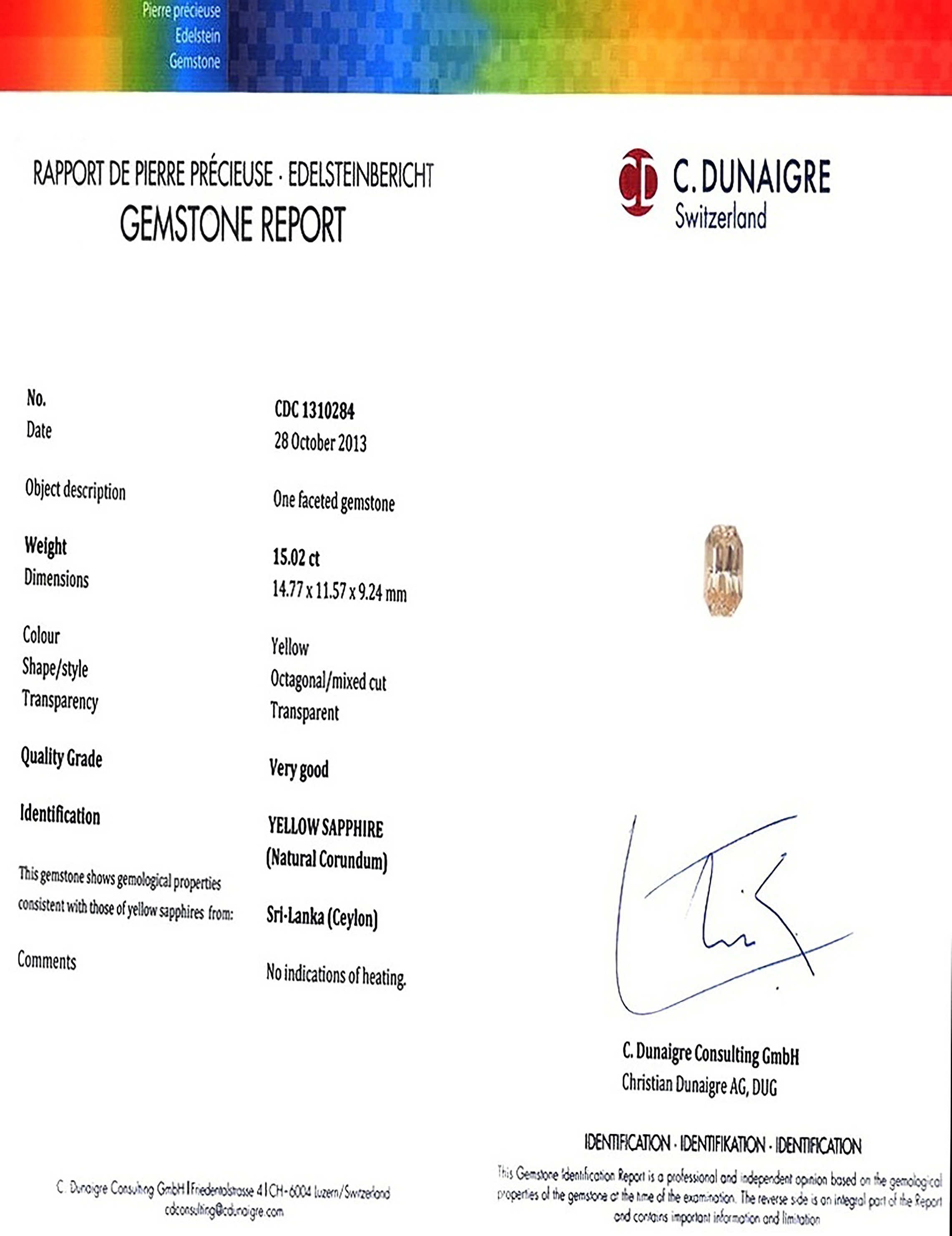 15.02 Ct. Yellow Sapphire from Ceylon (Sri Lanka)