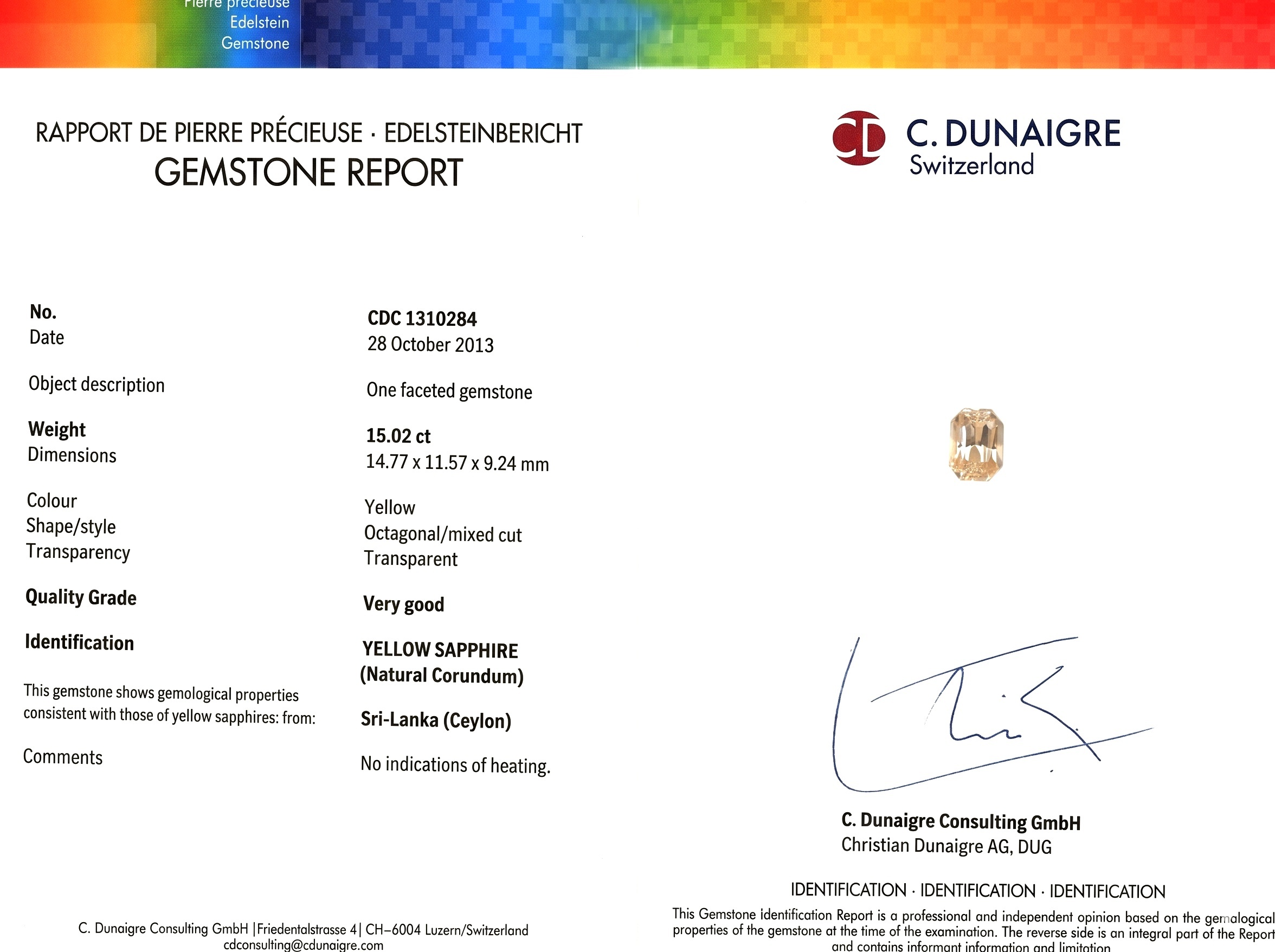 15.02 Ct. Yellow Sapphire from Ceylon (Sri Lanka)