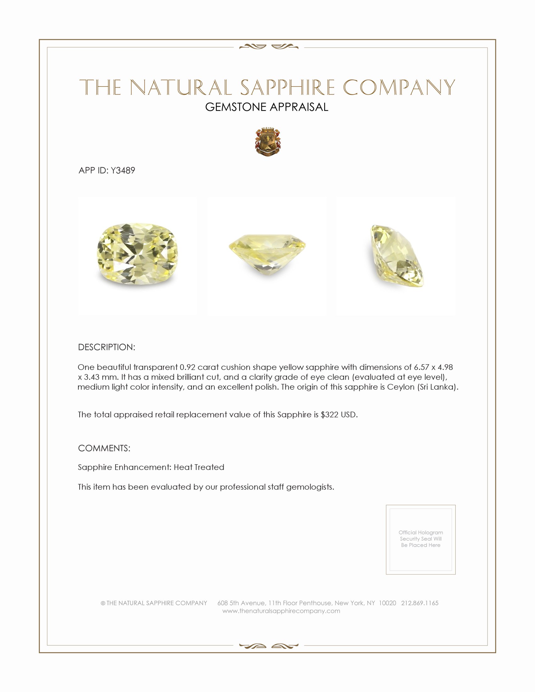 0.92 Ct. Yellow Sapphire from Ceylon (Sri Lanka)