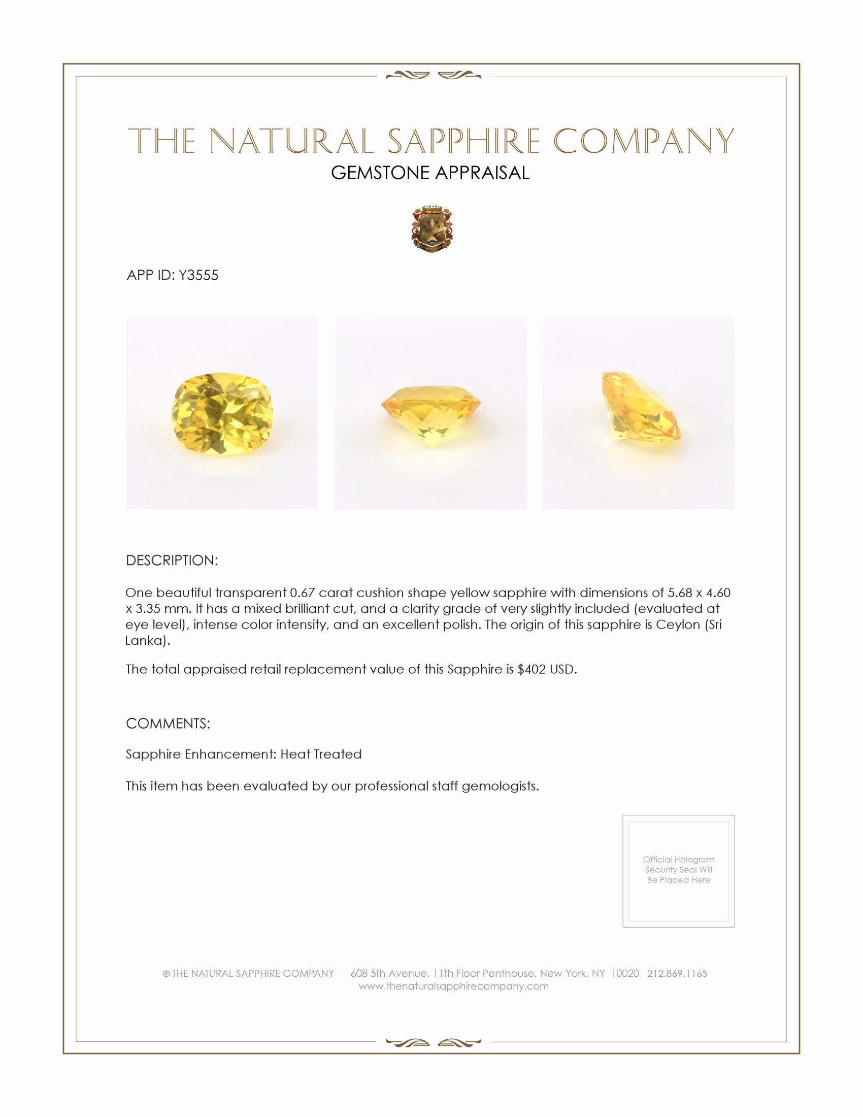 0.67 Ct. Yellow Sapphire from Ceylon (Sri Lanka)