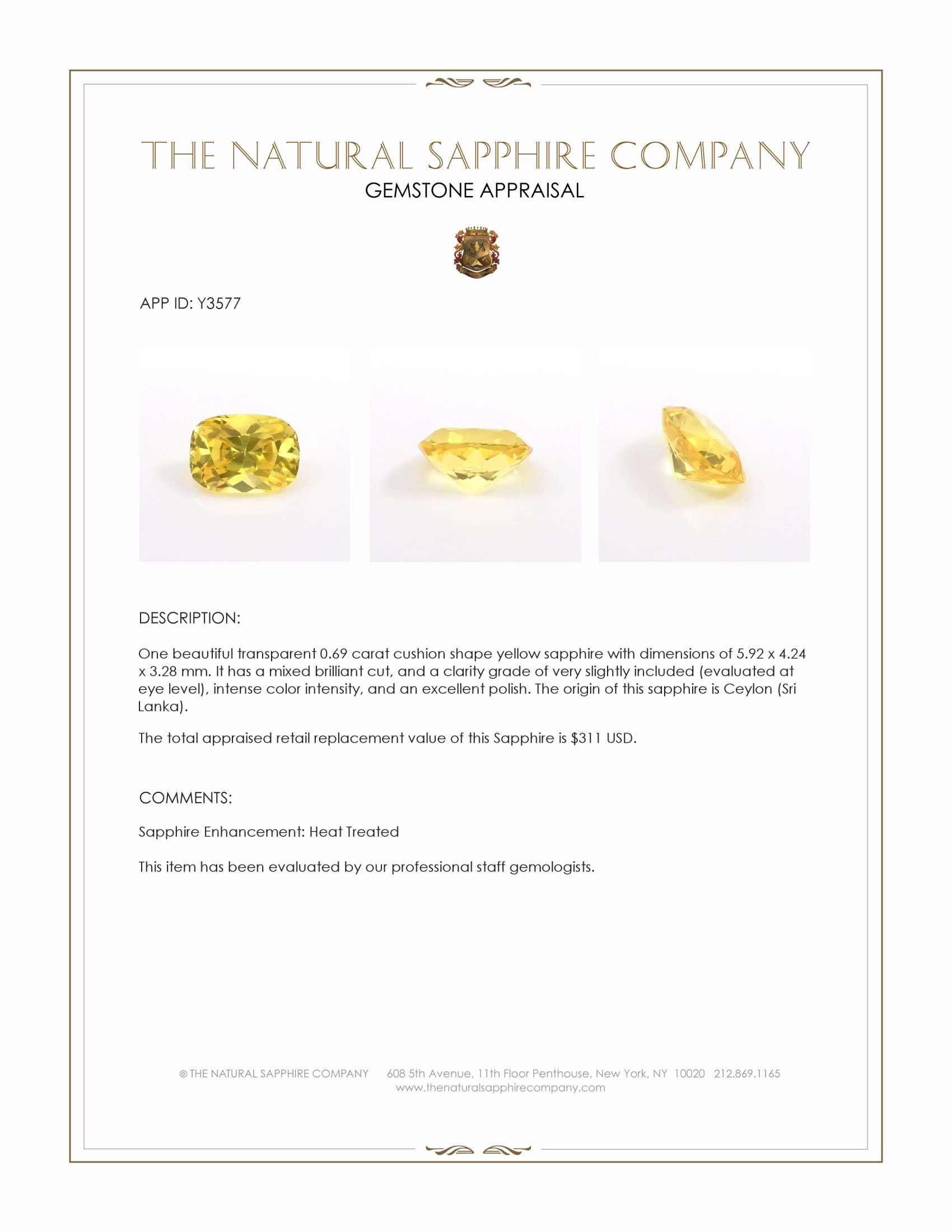 0.69 Ct. Yellow Sapphire from Ceylon (Sri Lanka)