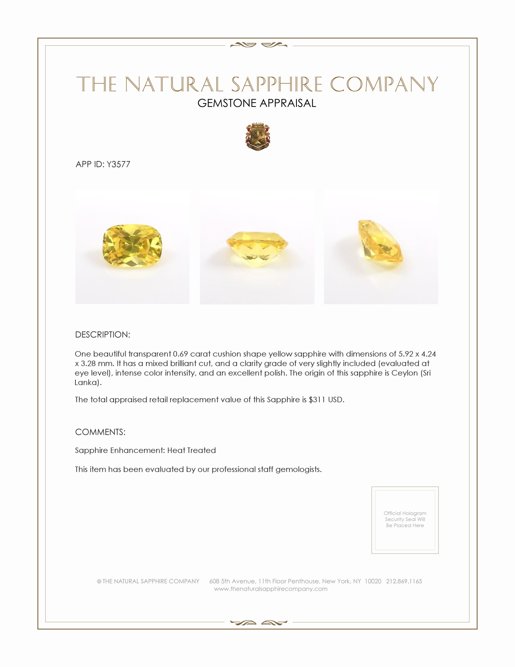 0.69 Ct. Yellow Sapphire from Ceylon (Sri Lanka)