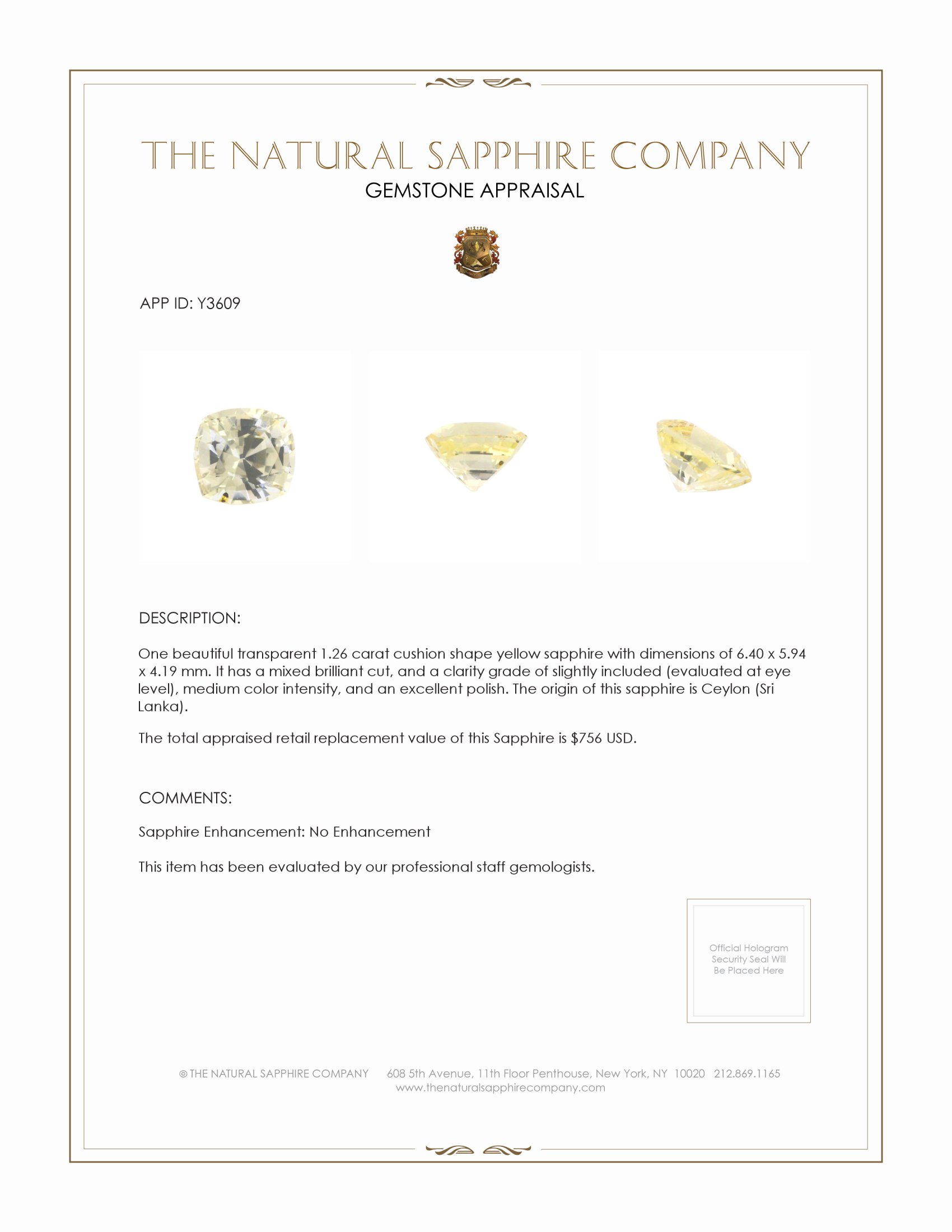 1.26 Ct. Yellow Sapphire from Ceylon (Sri Lanka)