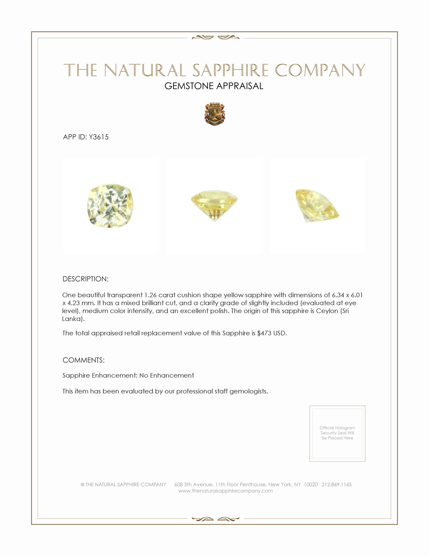 1.26 Ct. Yellow Sapphire from Ceylon (Sri Lanka)