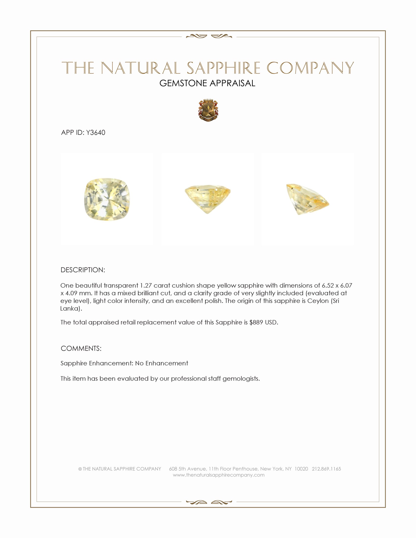 1.27 Ct. Yellow Sapphire from Ceylon (Sri Lanka)