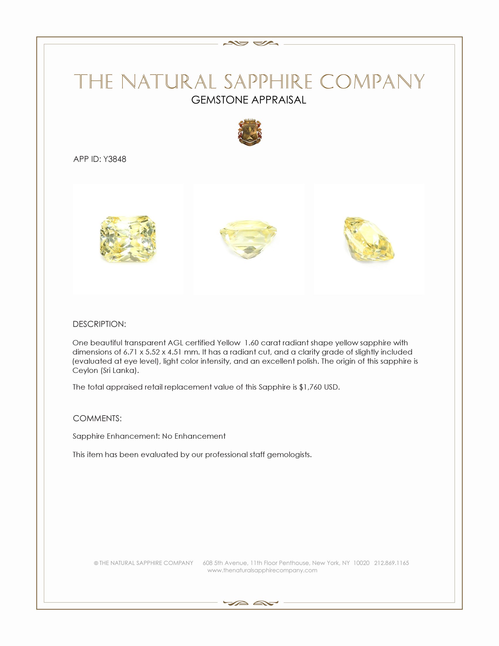 1.60 Ct. Yellow Sapphire from Ceylon (Sri Lanka)