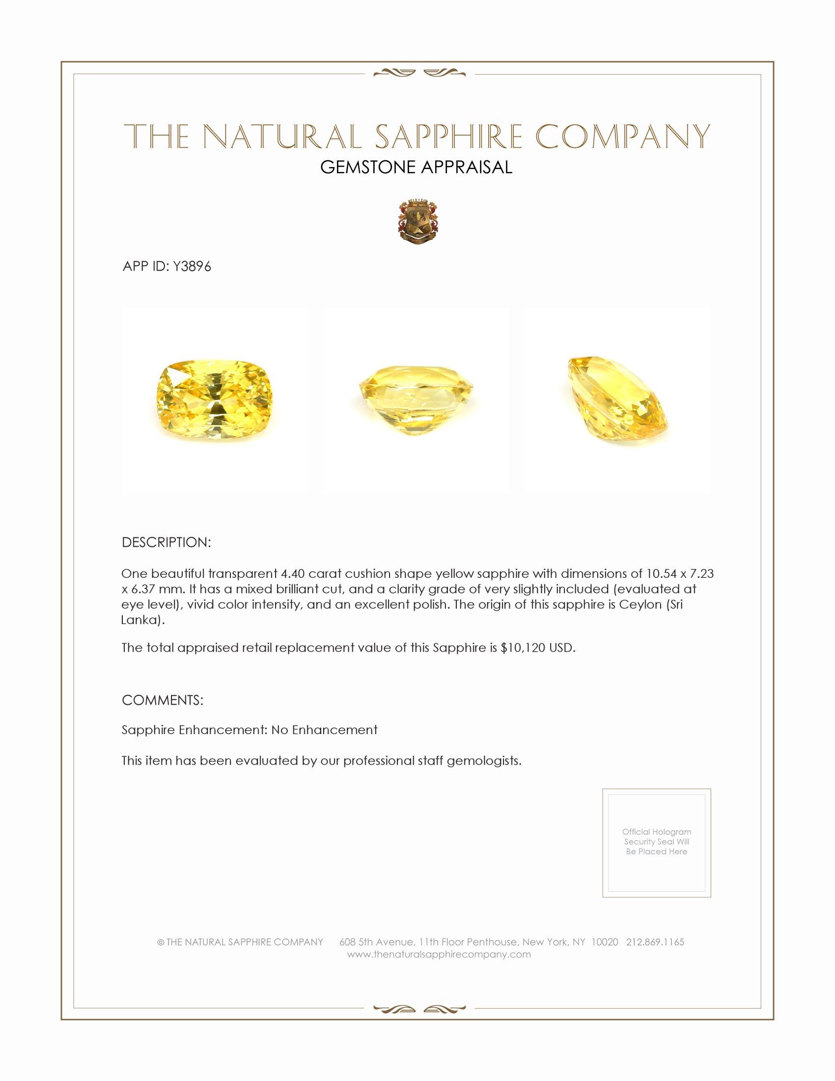 4.40 Ct. Yellow Sapphire from Ceylon (Sri Lanka)