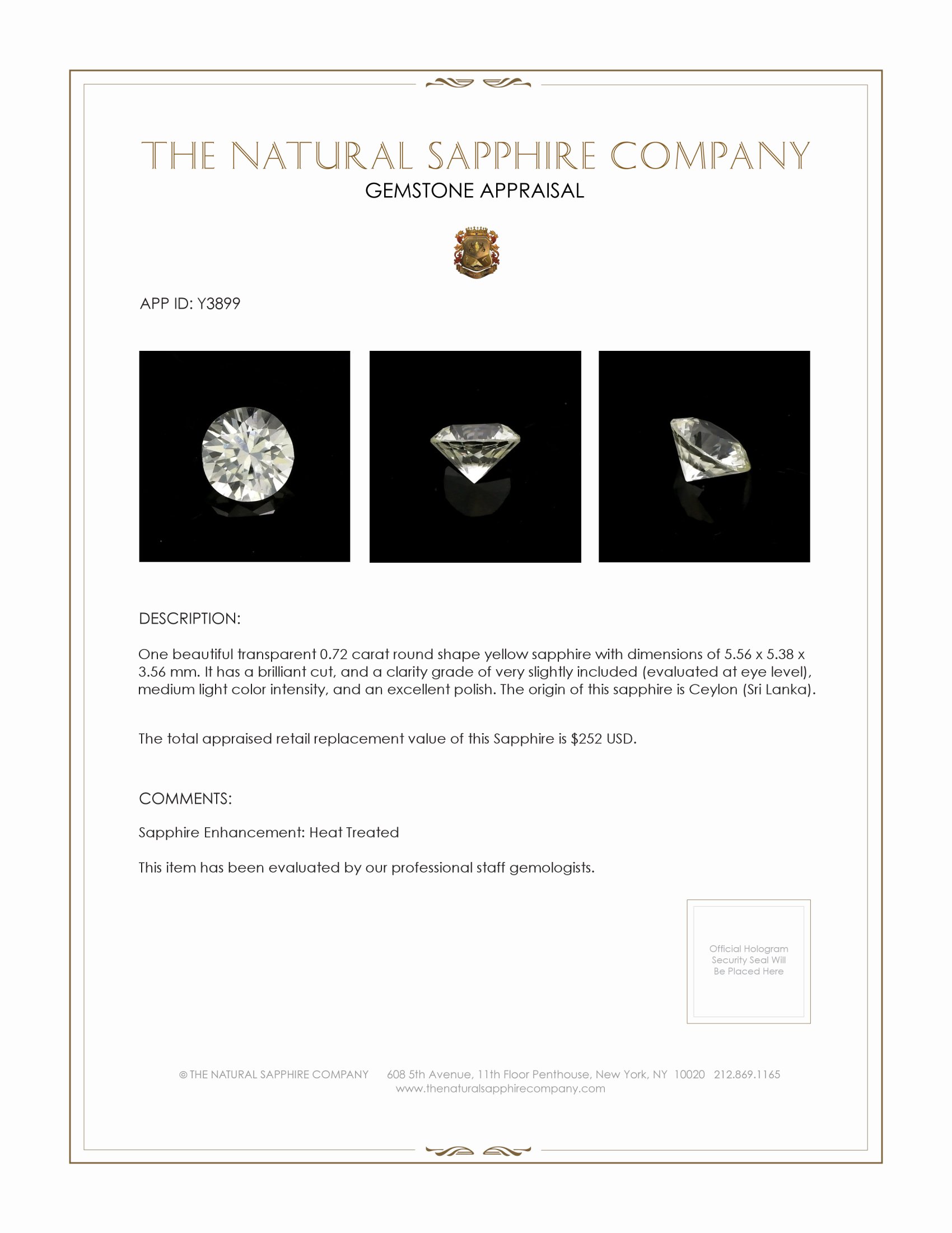 0.72 Ct. Yellow Sapphire from Ceylon (Sri Lanka)