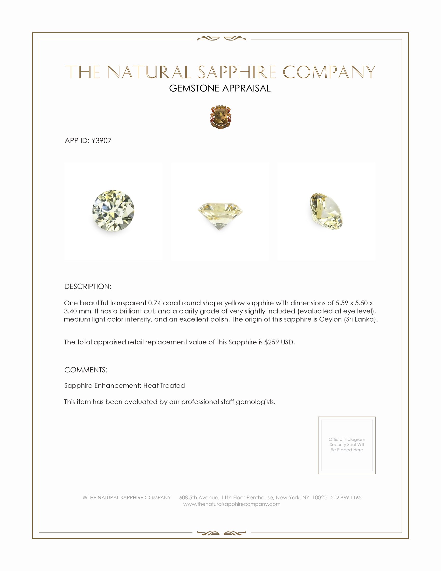 0.74 Ct. Yellow Sapphire from Ceylon (Sri Lanka)