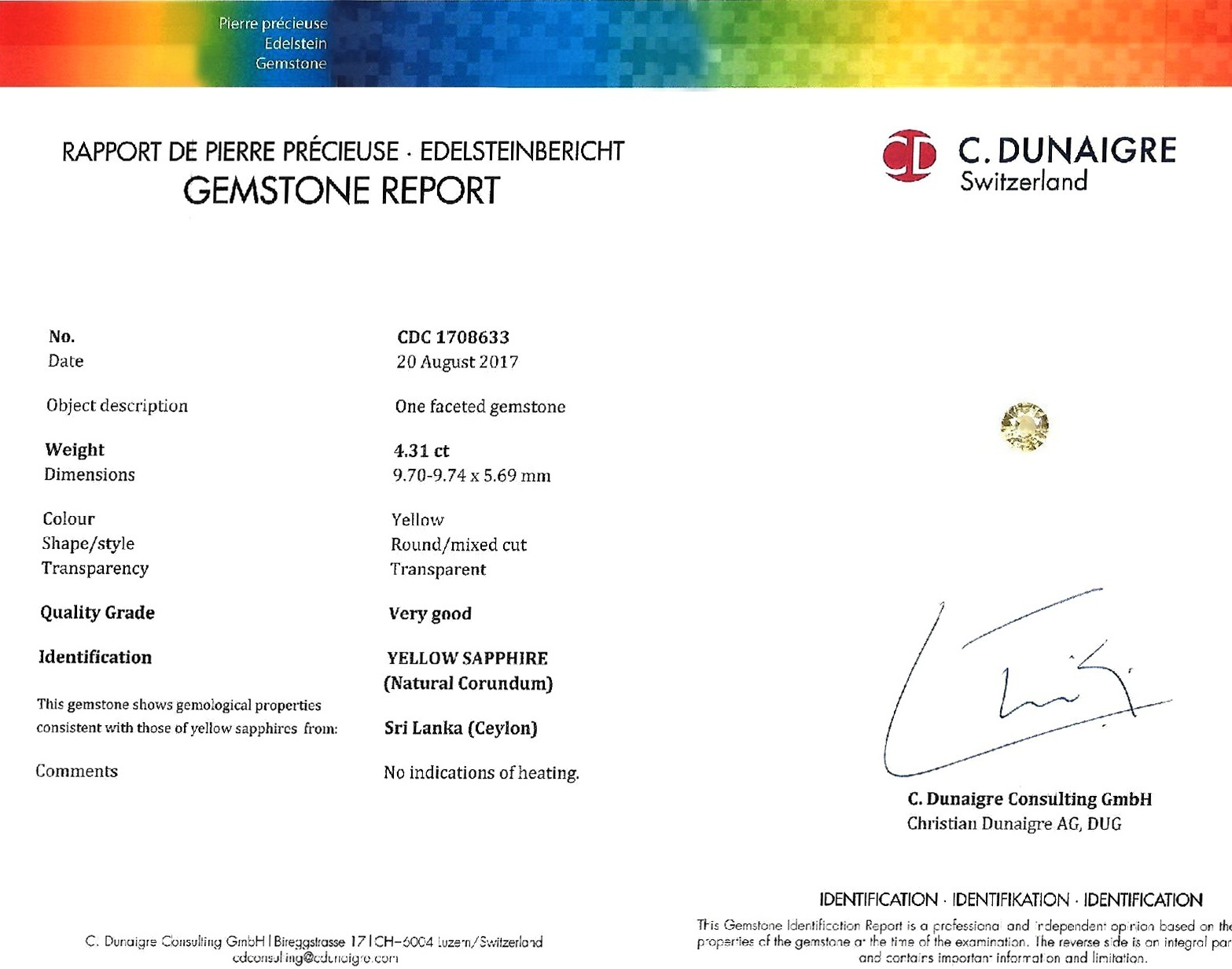 4.31 Ct. Yellow Sapphire from Ceylon (Sri Lanka)