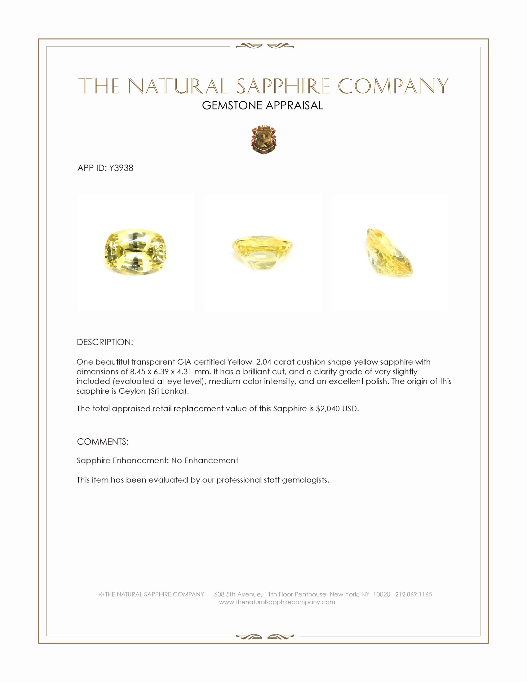 2.04 Ct. Yellow Sapphire from Ceylon (Sri Lanka)