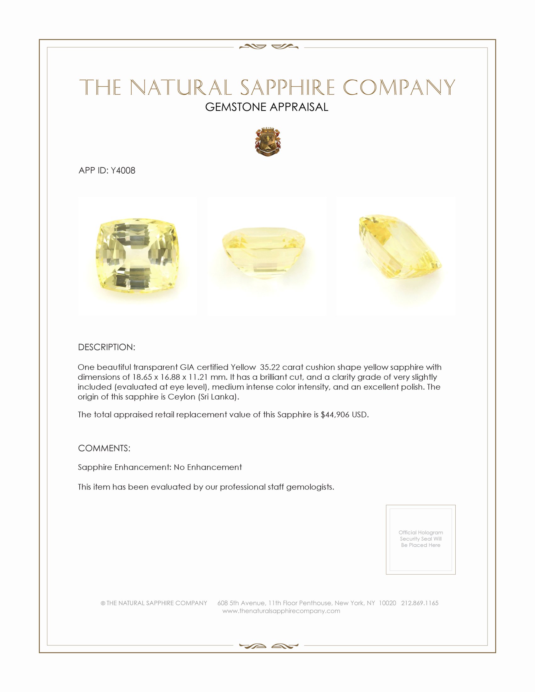 35.22 Ct. Yellow Sapphire from Ceylon (Sri Lanka)