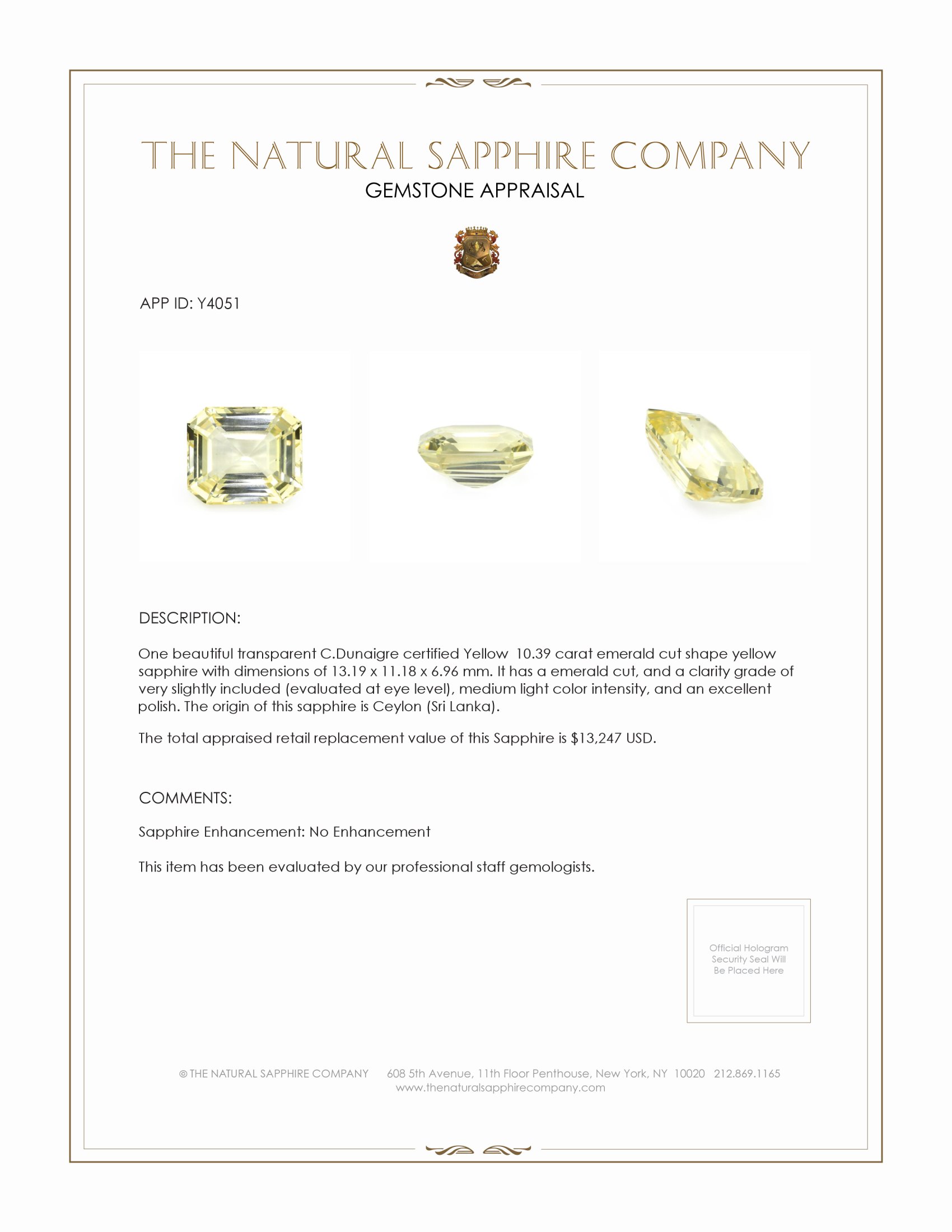 10.39 Ct. Yellow Sapphire from Ceylon (Sri Lanka)