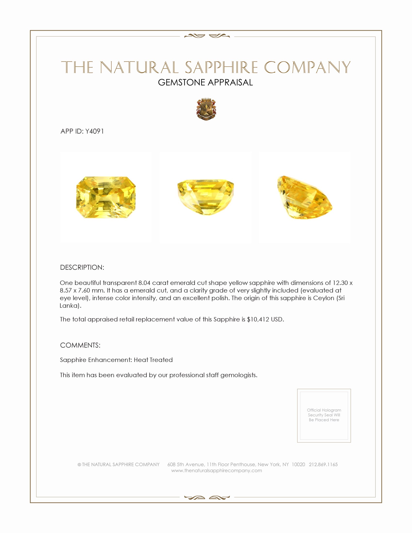8.04 Ct. Yellow Sapphire from Ceylon (Sri Lanka)