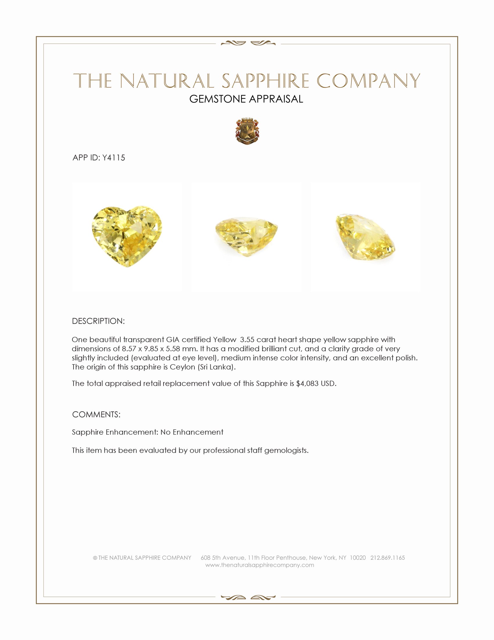 3.55 Ct. Yellow Sapphire from Ceylon (Sri Lanka)