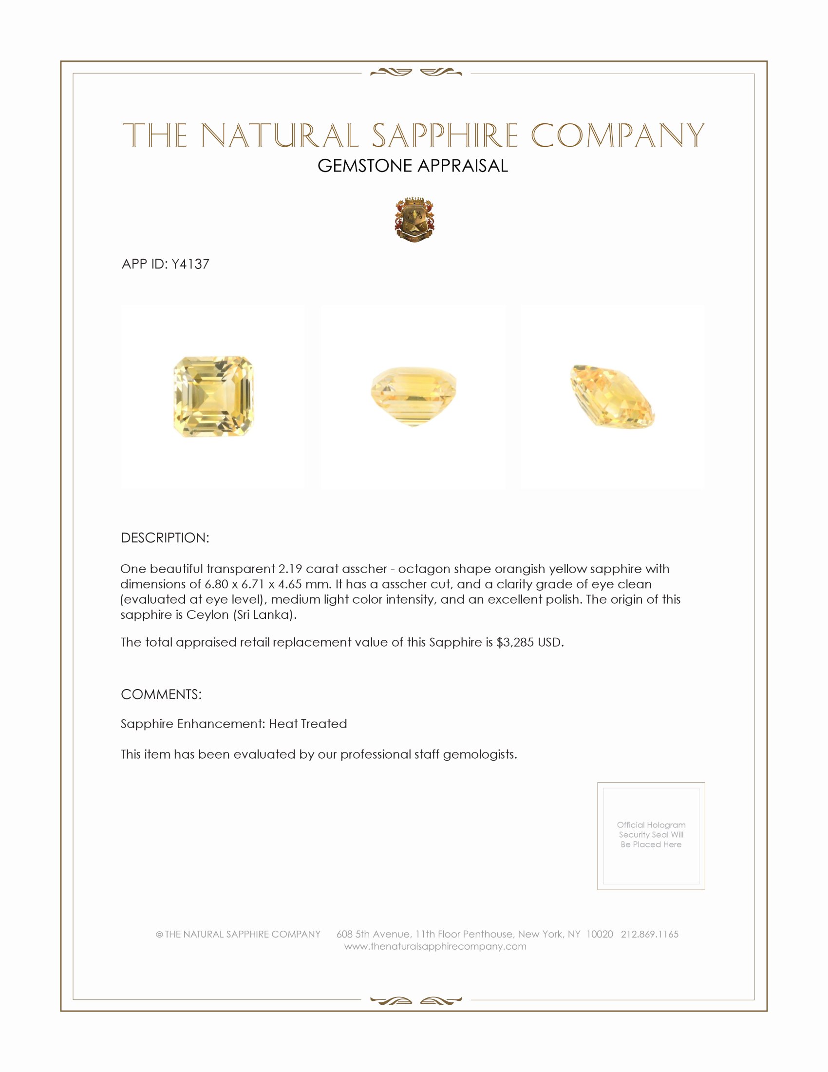 2.19 Ct. Orangish Yellow Sapphire from Ceylon (Sri Lanka)