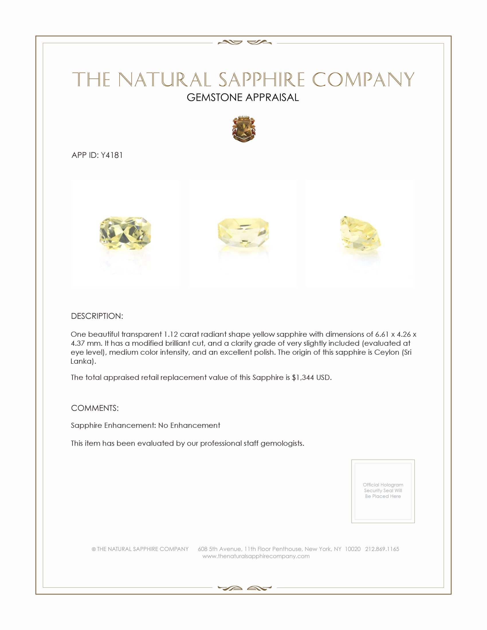 1.12 Ct. Yellow Sapphire from Ceylon (Sri Lanka)
