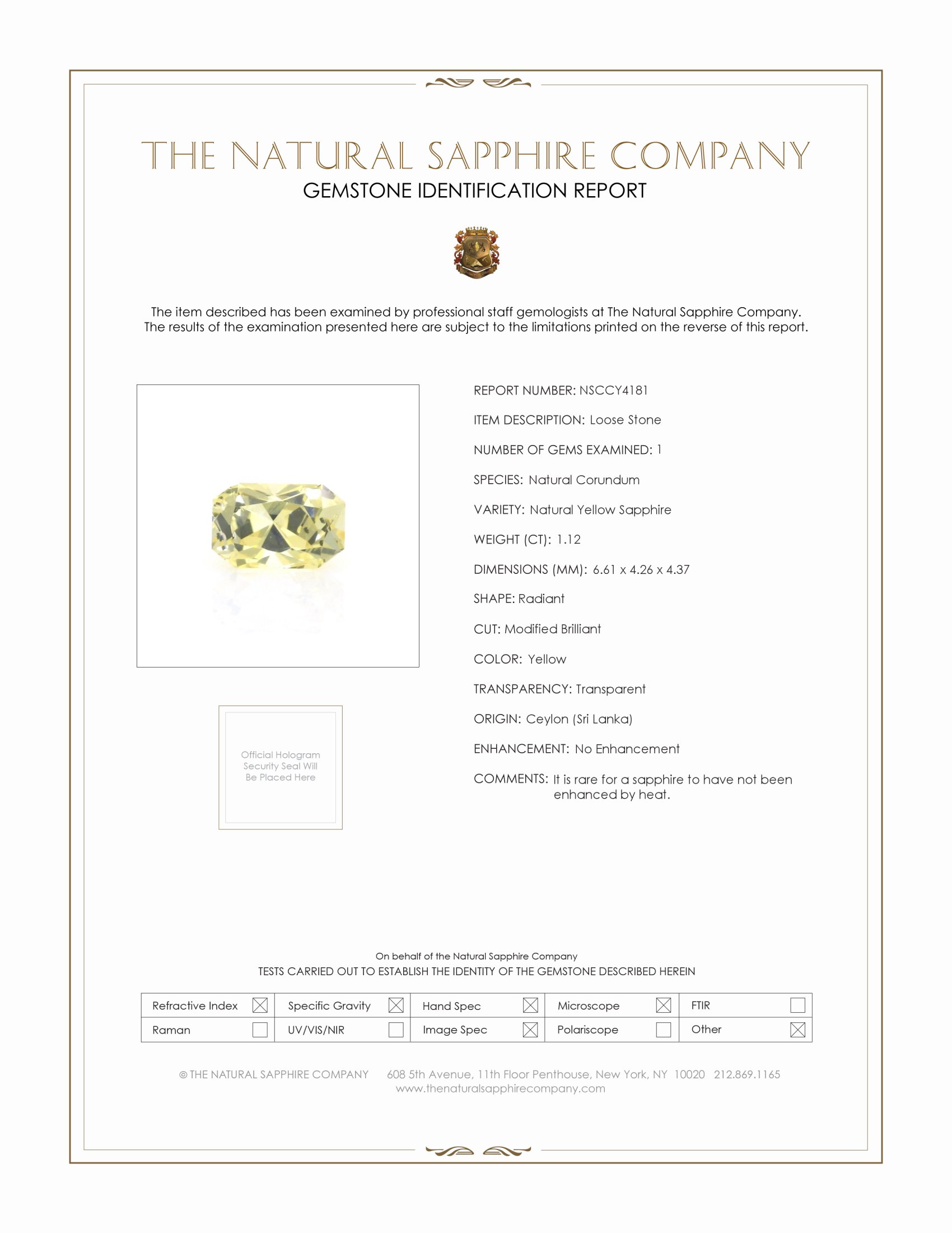 1.12 Ct. Yellow Sapphire from Ceylon (Sri Lanka)