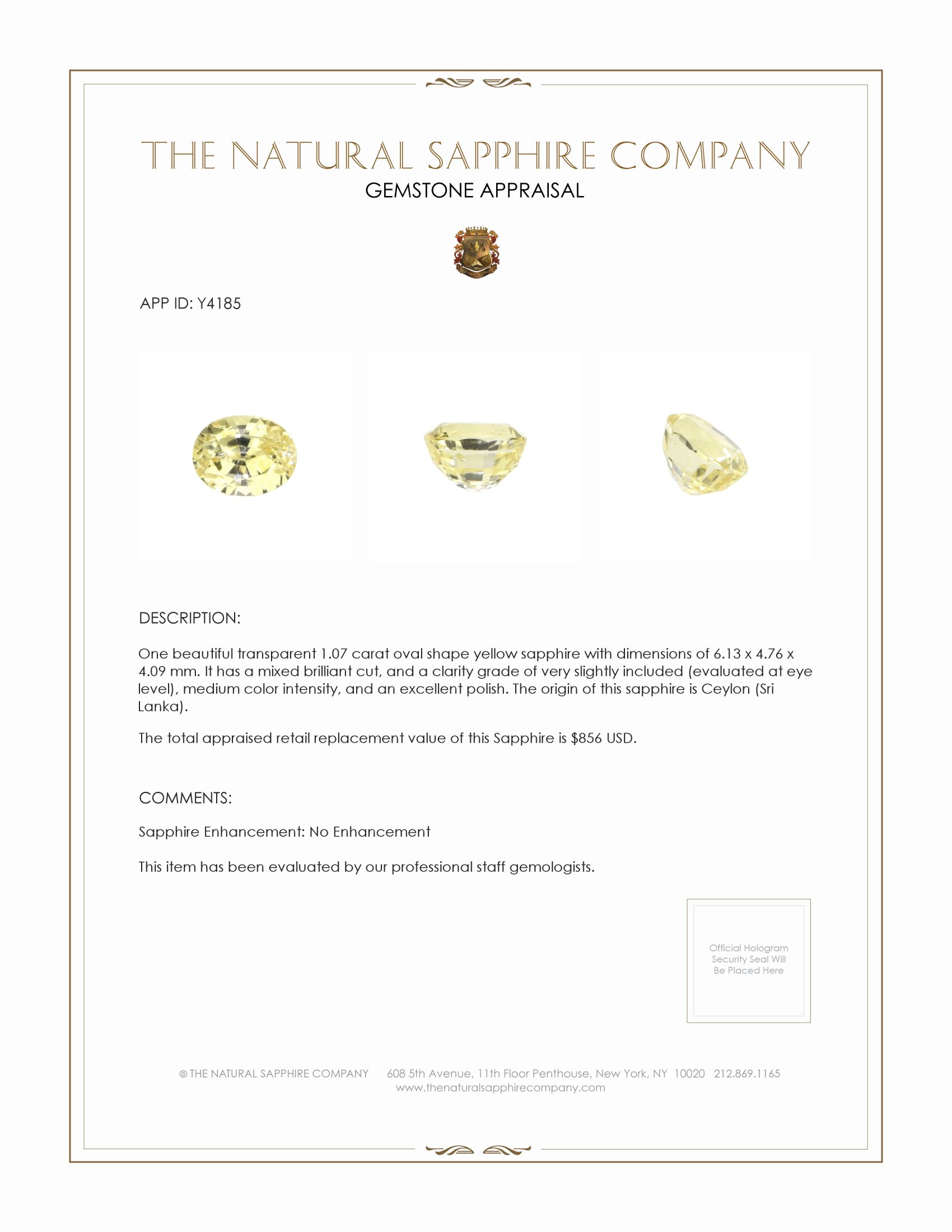 1.07 Ct. Yellow Sapphire from Ceylon (Sri Lanka)