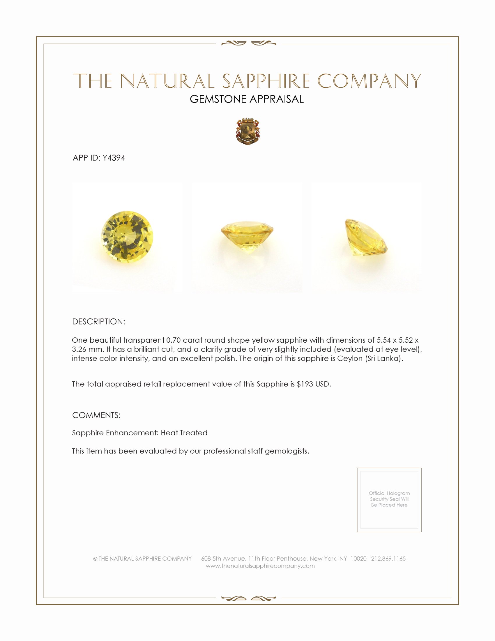 0.70 Ct. Yellow Sapphire from Ceylon (Sri Lanka)