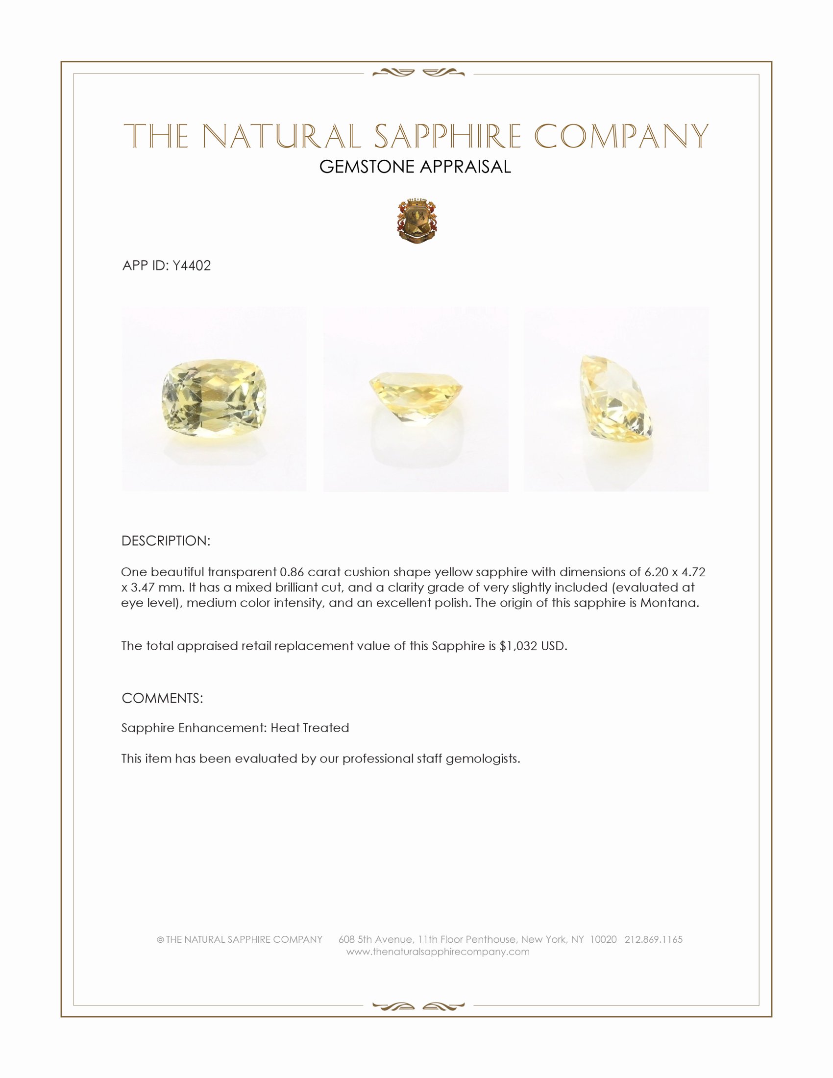 0.86 Ct. Yellow Sapphire from Montana