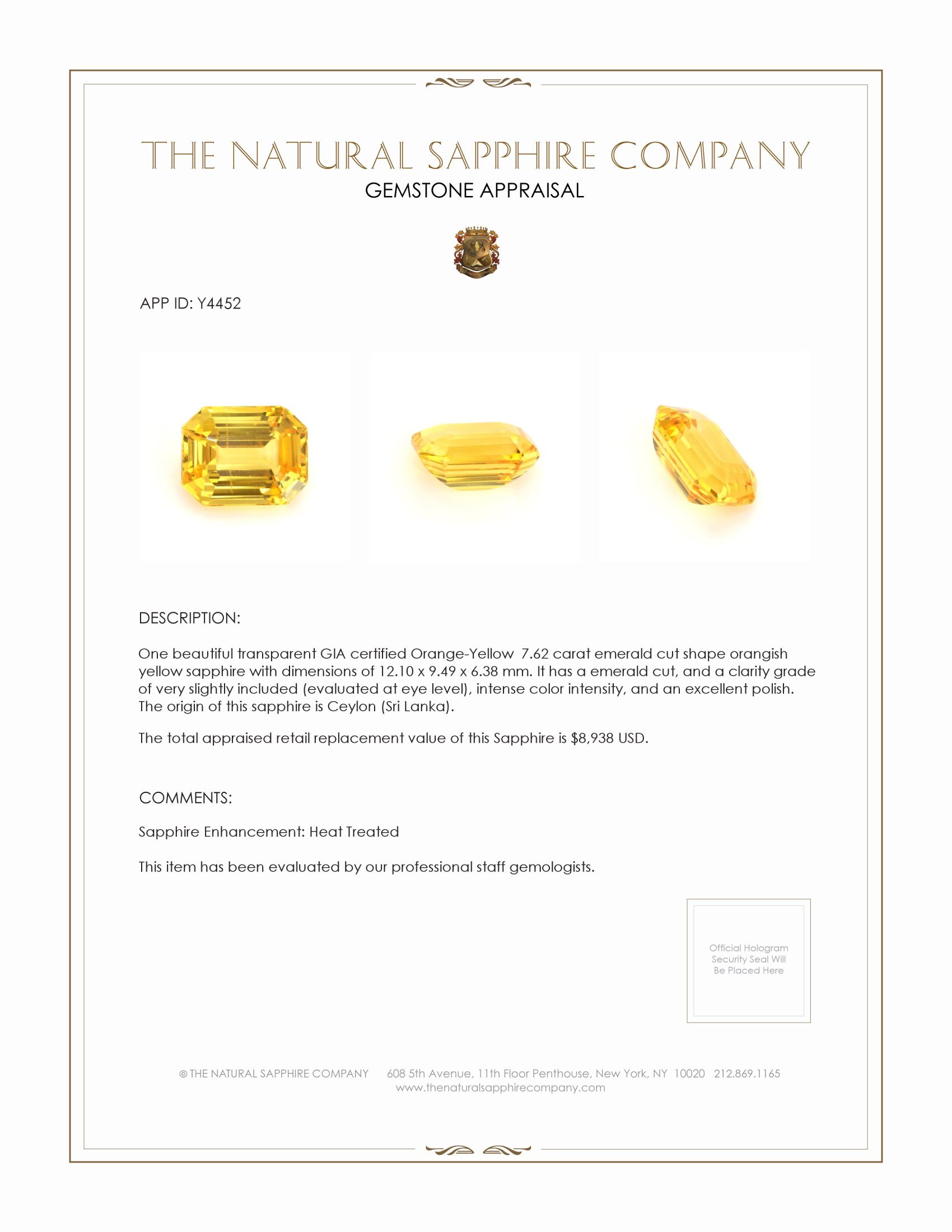 7.62 Ct. Orangish Yellow Sapphire from Ceylon (Sri Lanka)