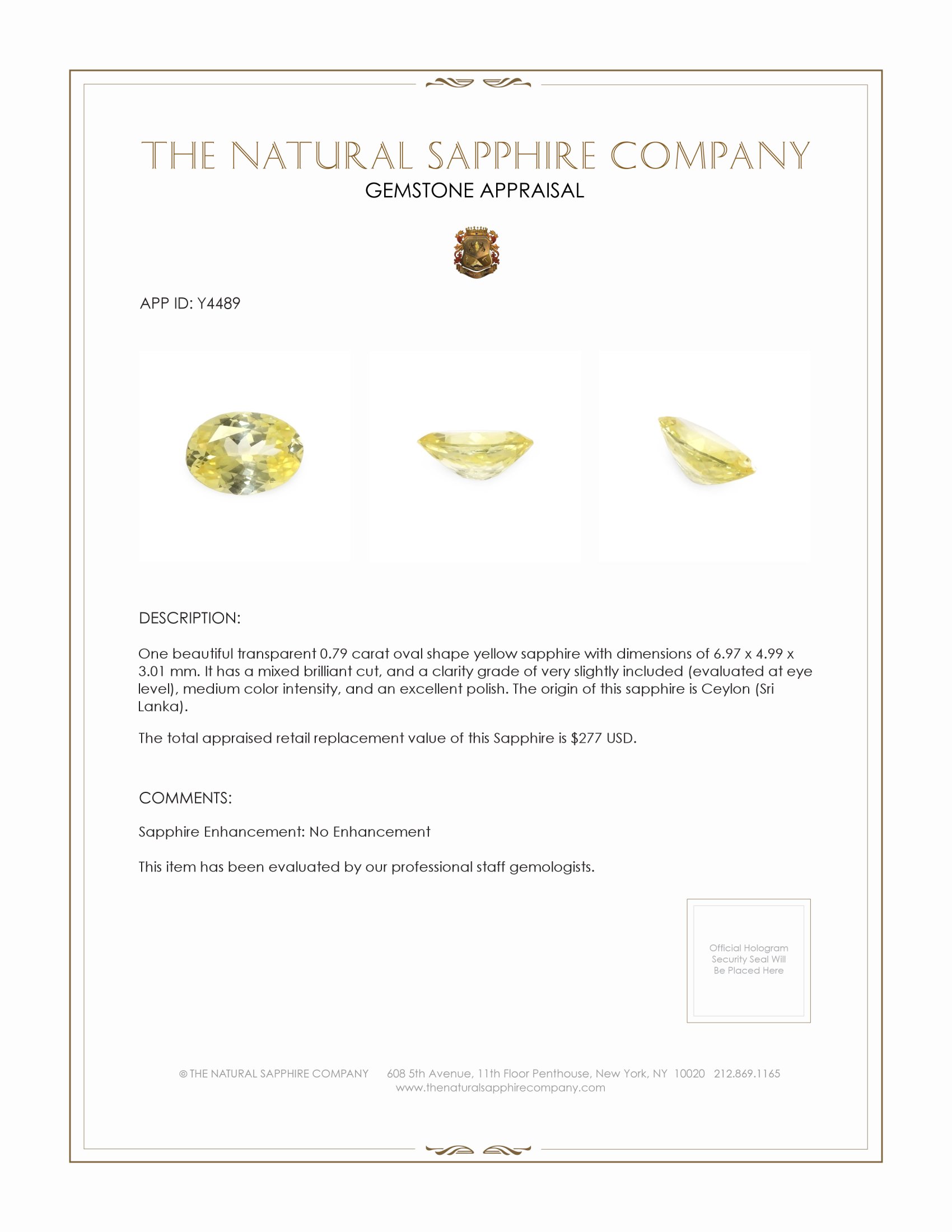 0.79 Ct. Yellow Sapphire from Ceylon (Sri Lanka)