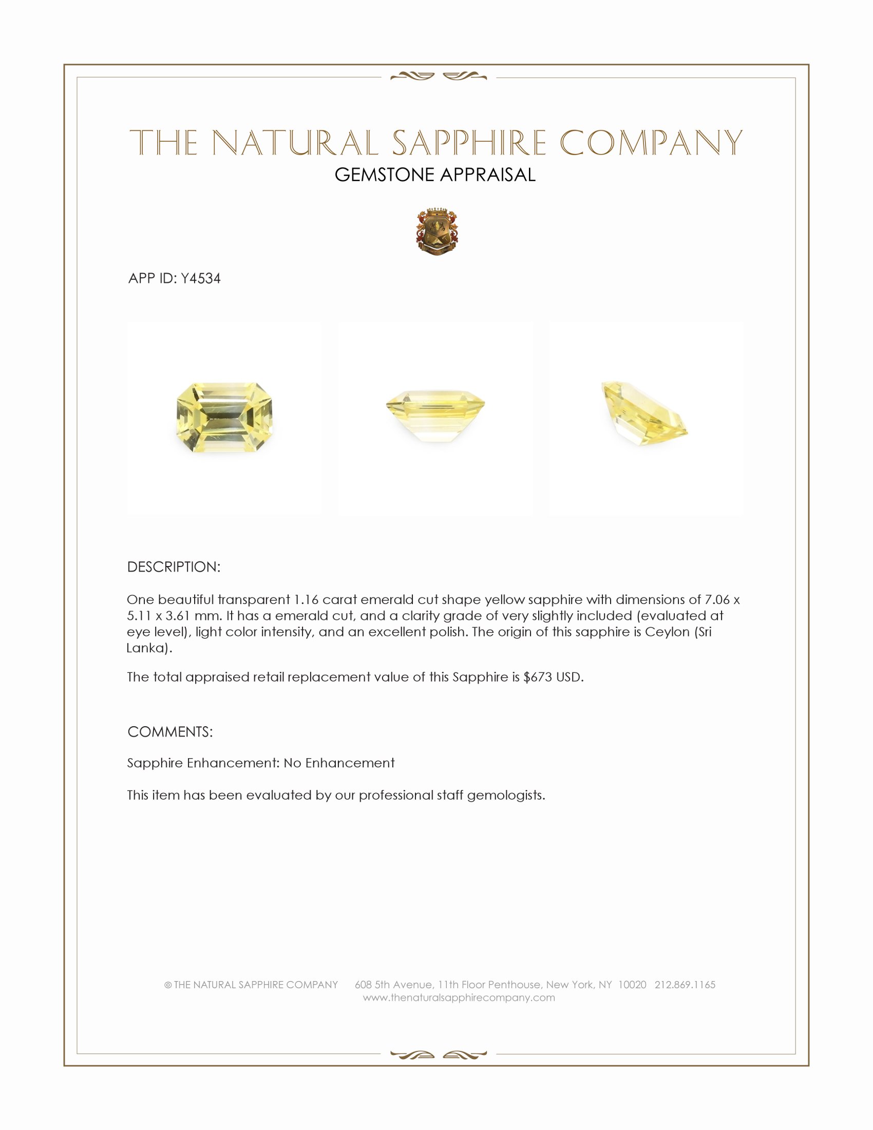 1.16 Ct. Yellow Sapphire from Ceylon (Sri Lanka)