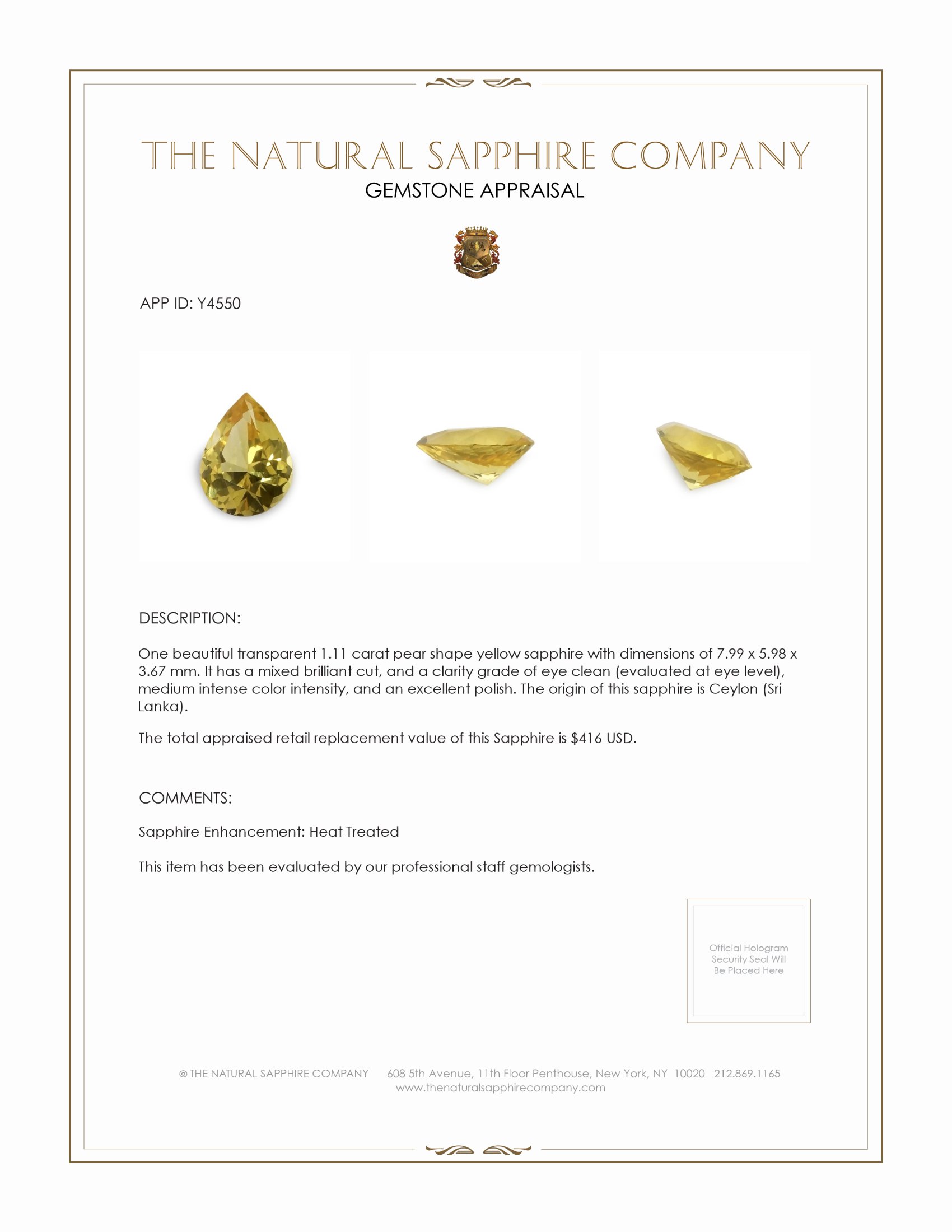 1.11 Ct. Yellow Sapphire from Ceylon (Sri Lanka)