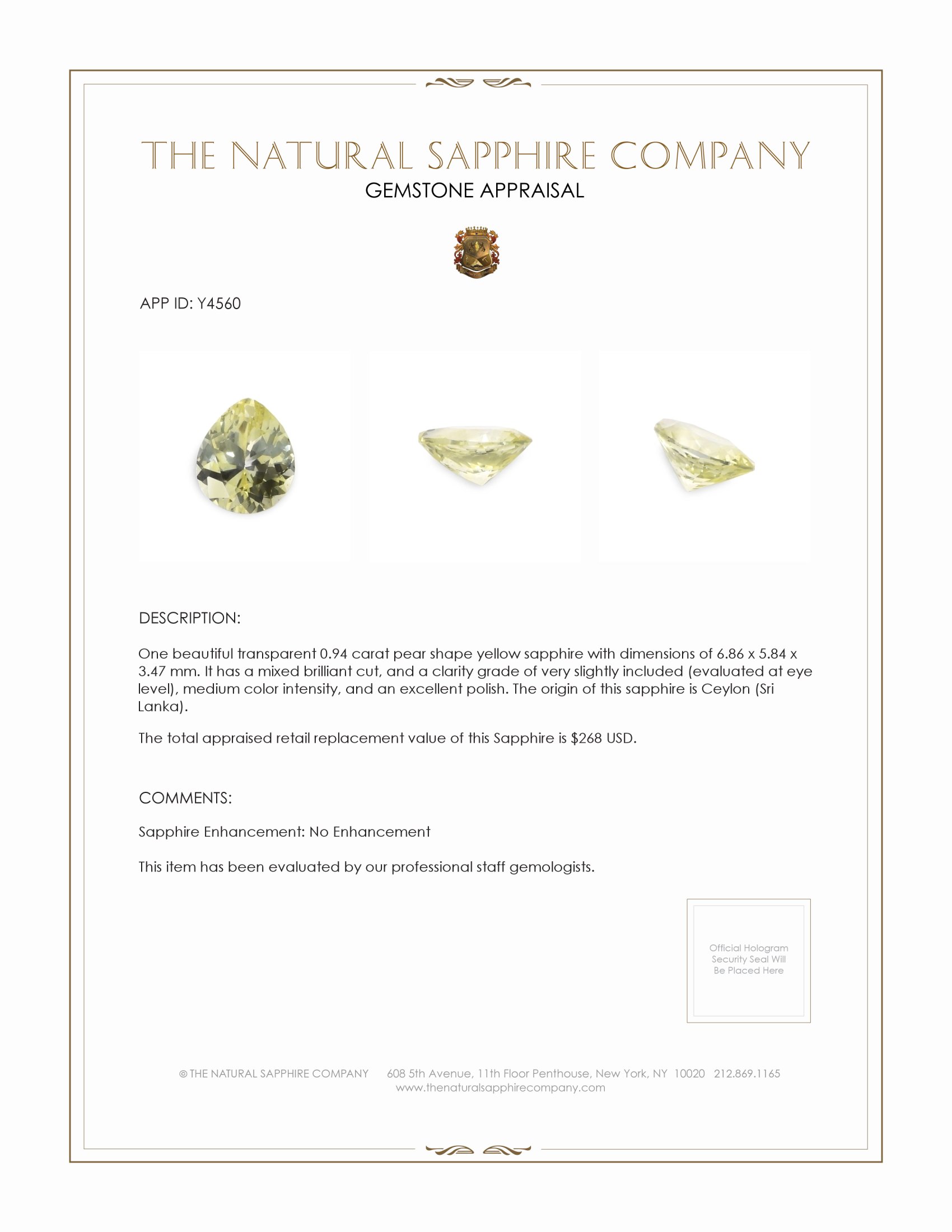 0.94 Ct. Yellow Sapphire from Ceylon (Sri Lanka)