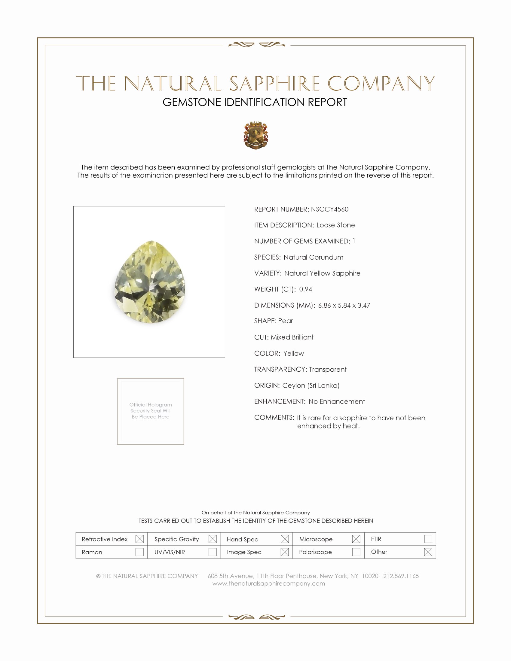 0.94 Ct. Yellow Sapphire from Ceylon (Sri Lanka)