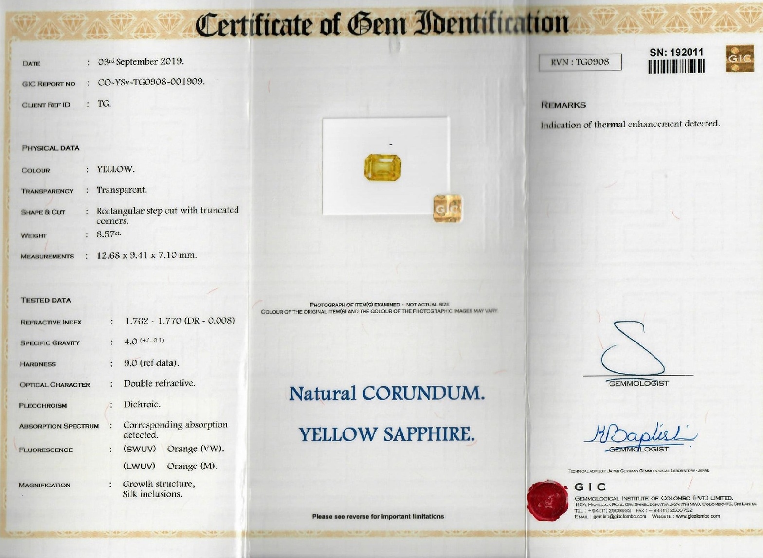 8.57 Ct. Yellow Sapphire from Ceylon (Sri Lanka)