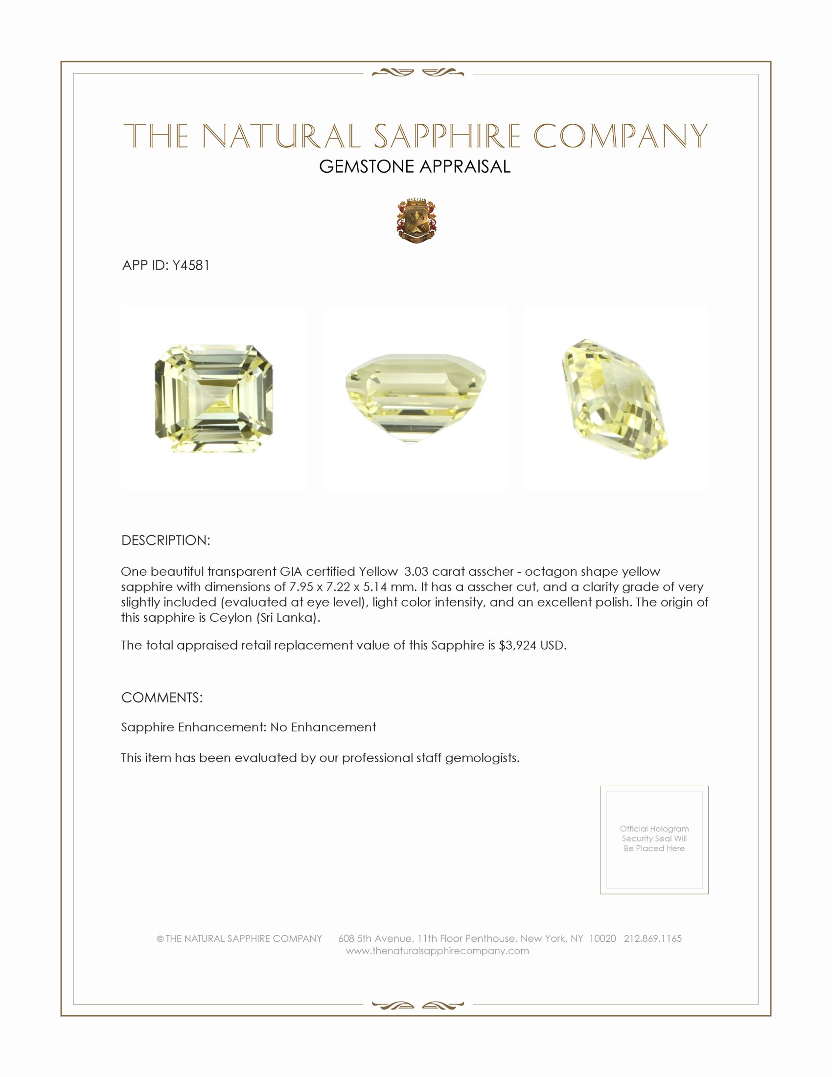 3.03 Ct. Yellow Sapphire from Ceylon (Sri Lanka)