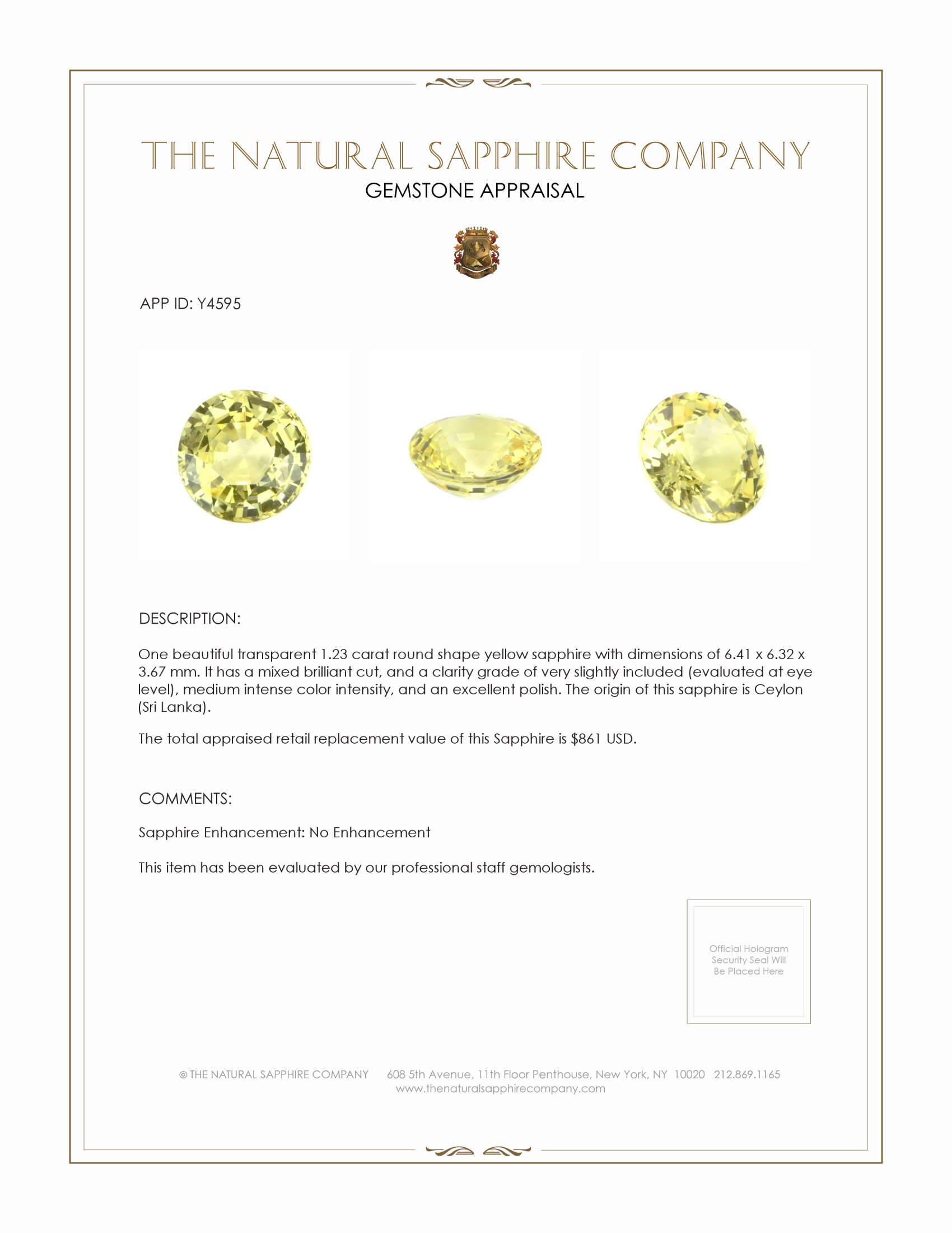 1.23 Ct. Yellow Sapphire from Ceylon (Sri Lanka)