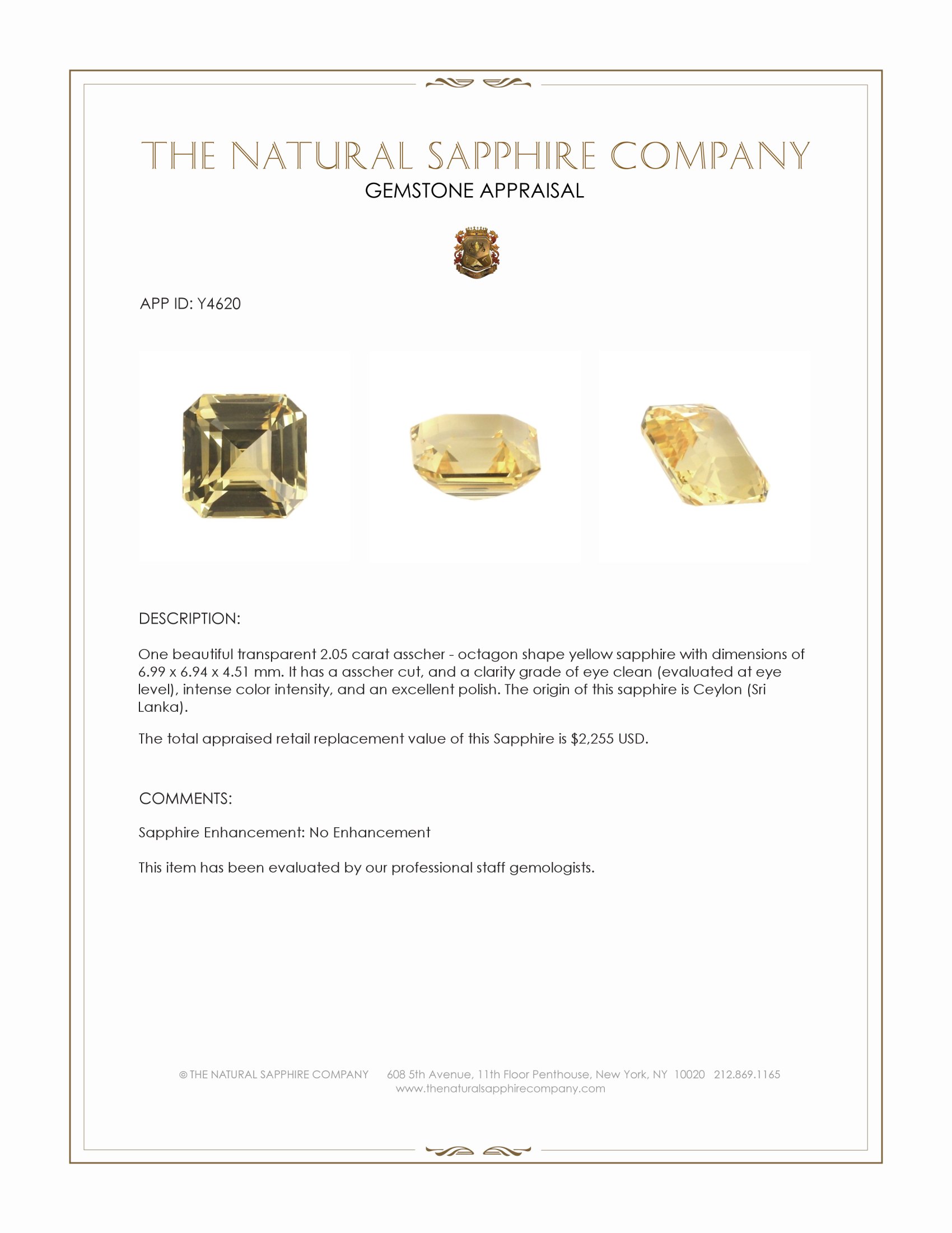 2.05 Ct. Yellow Sapphire from Ceylon (Sri Lanka)