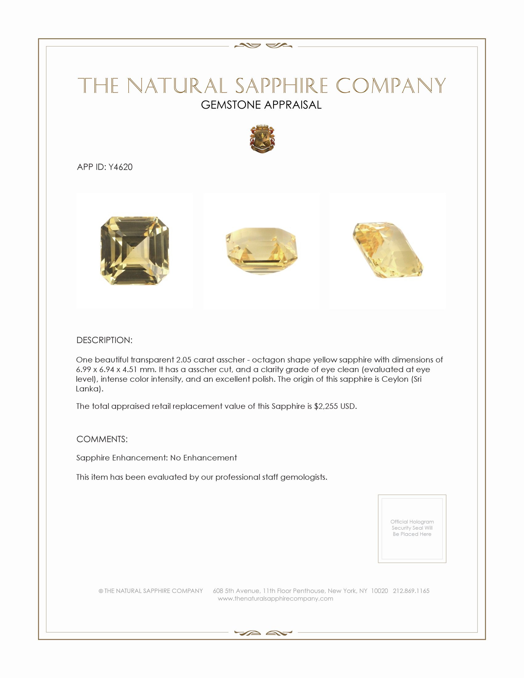 2.05 Ct. Yellow Sapphire from Ceylon (Sri Lanka)