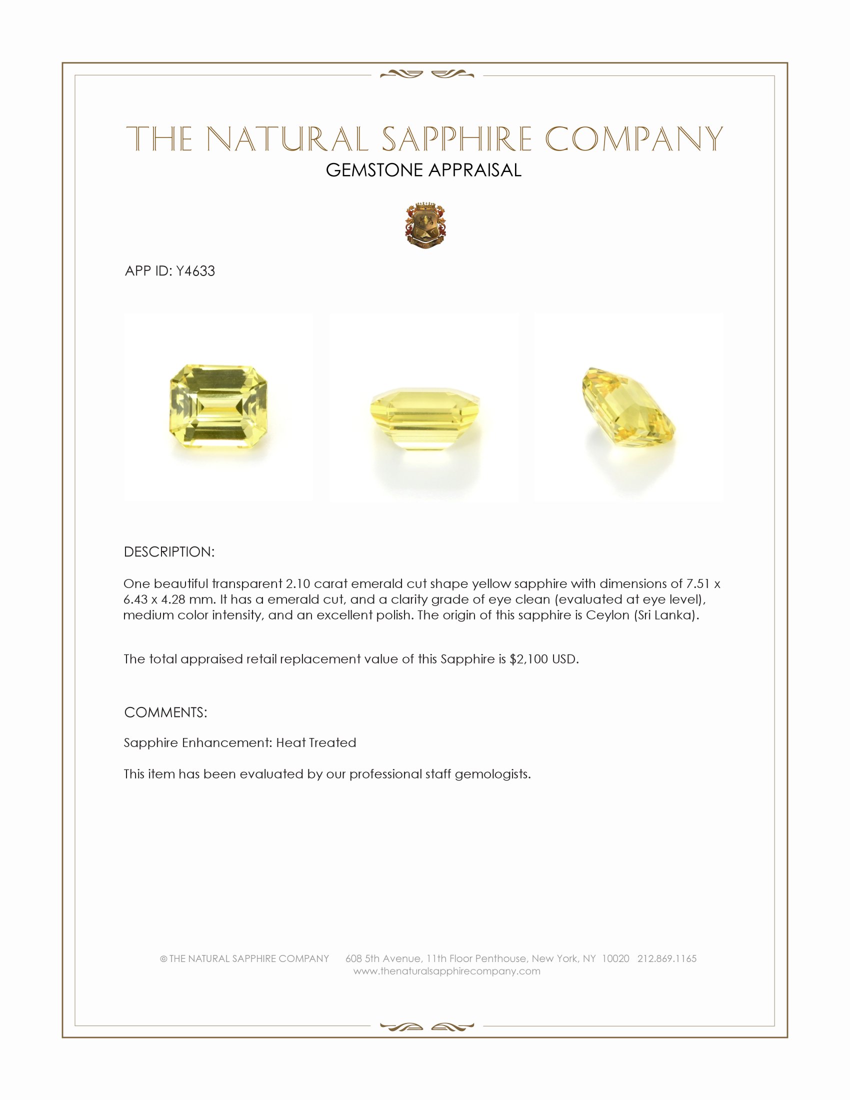 2.10 Ct. Yellow Sapphire from Ceylon (Sri Lanka)