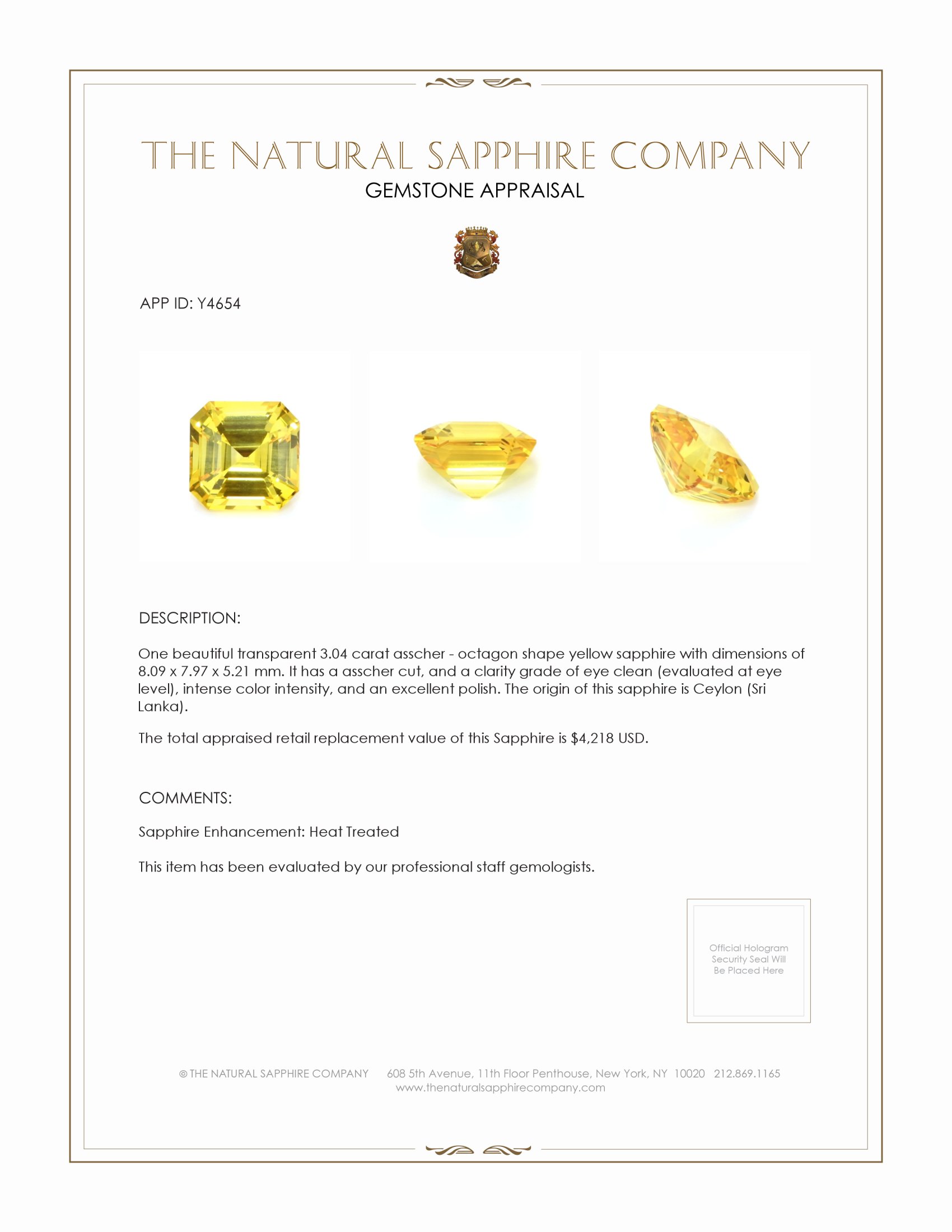 3.04 Ct. Yellow Sapphire from Ceylon (Sri Lanka)