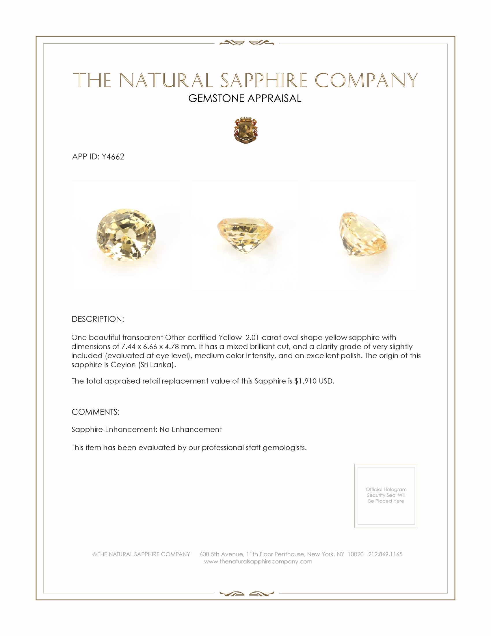 2.01 Ct. Yellow Sapphire from Ceylon (Sri Lanka)