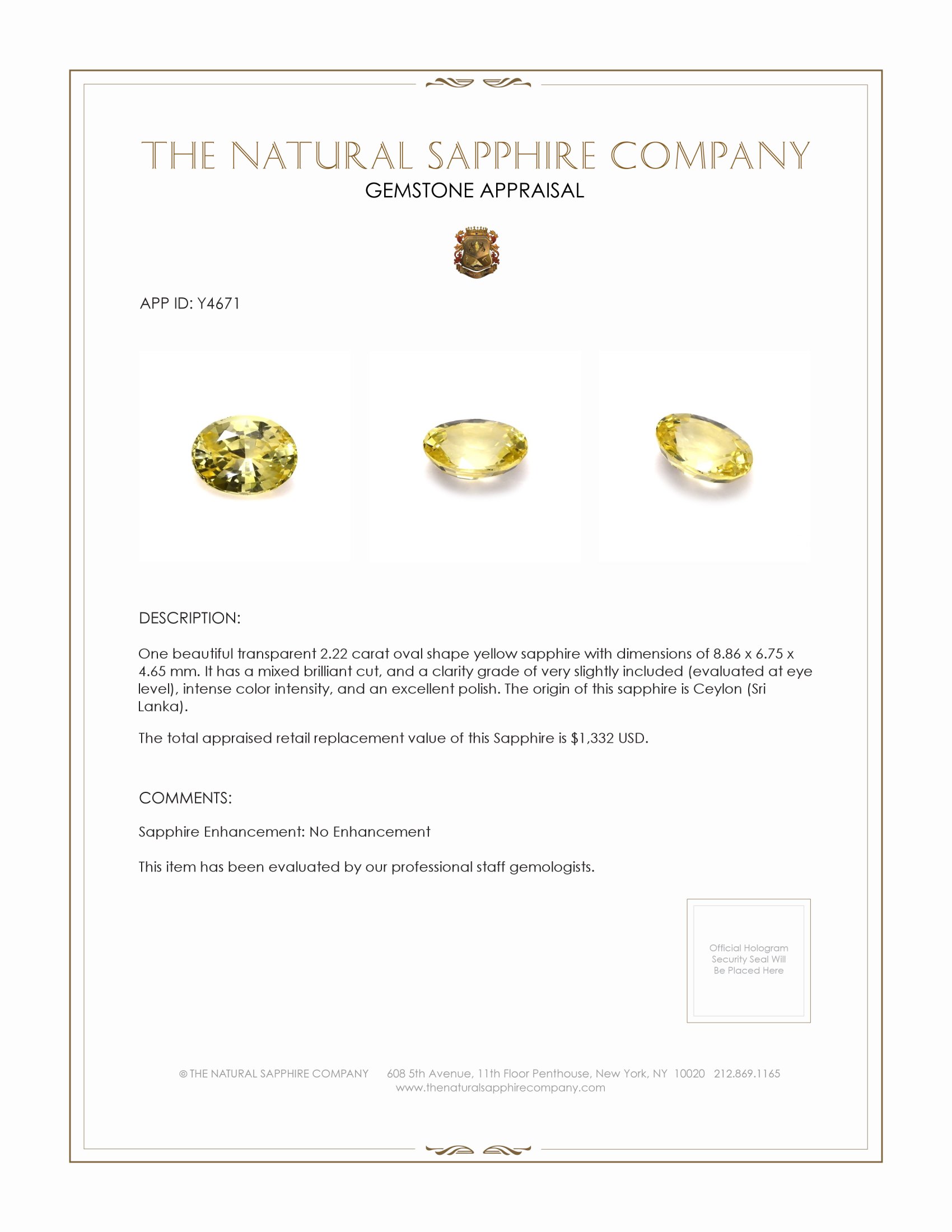 2.22 Ct. Yellow Sapphire from Ceylon (Sri Lanka)