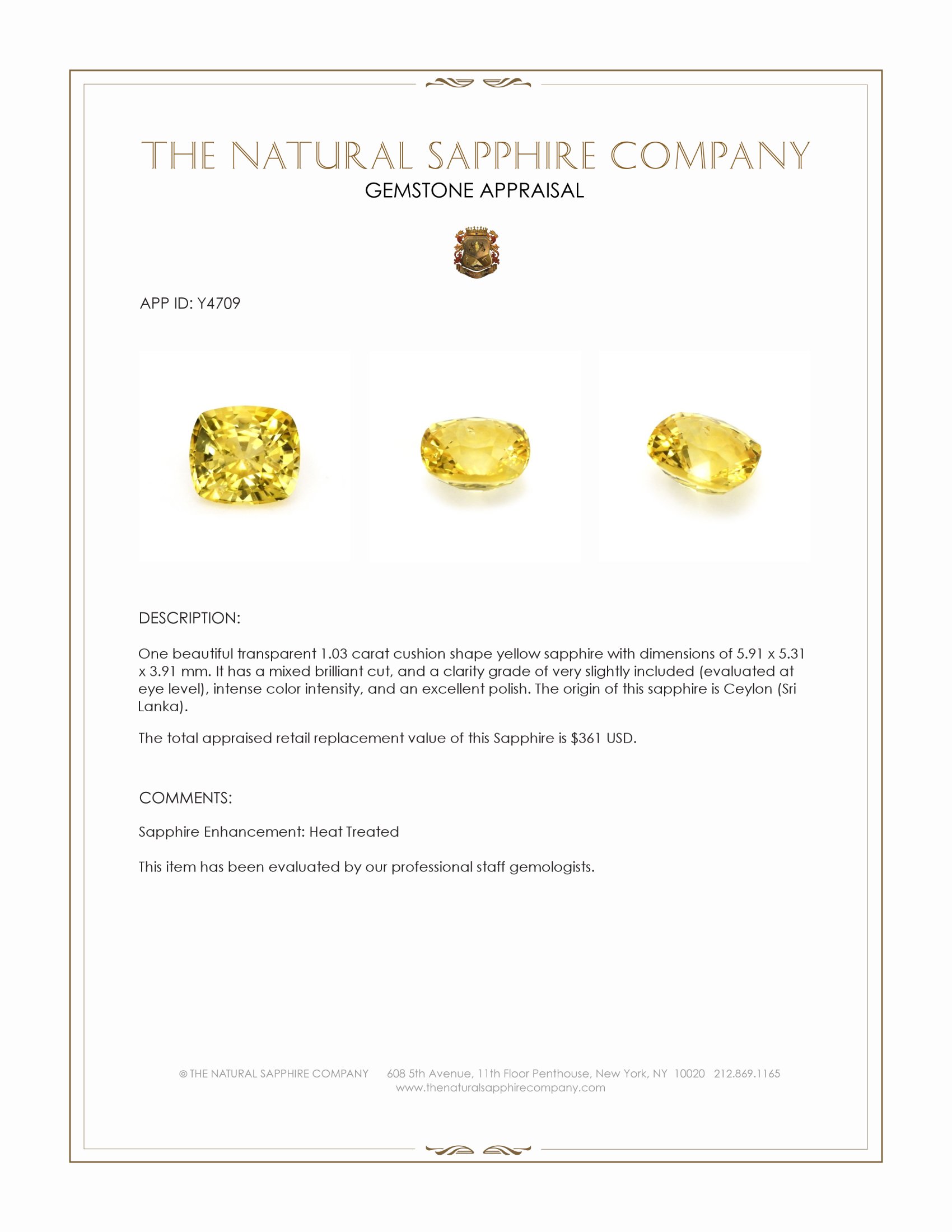 1.03 Ct. Yellow Sapphire from Ceylon (Sri Lanka)