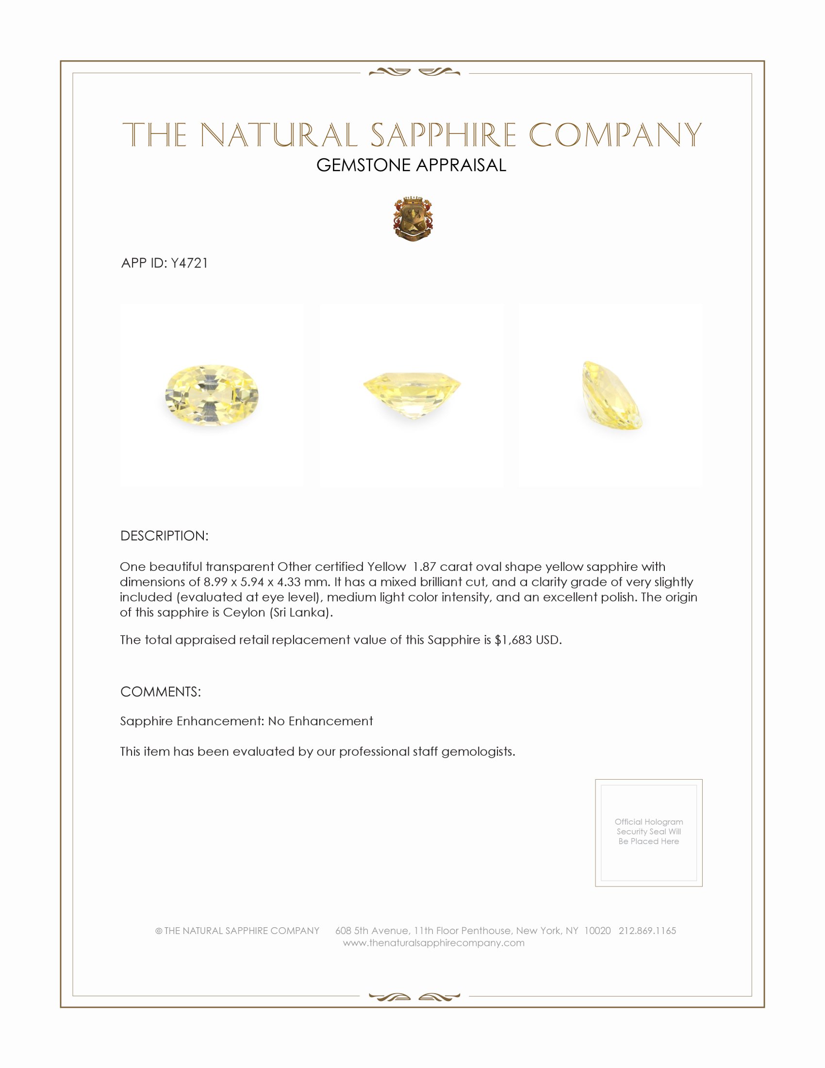 1.87 Ct. Yellow Sapphire from Ceylon (Sri Lanka)
