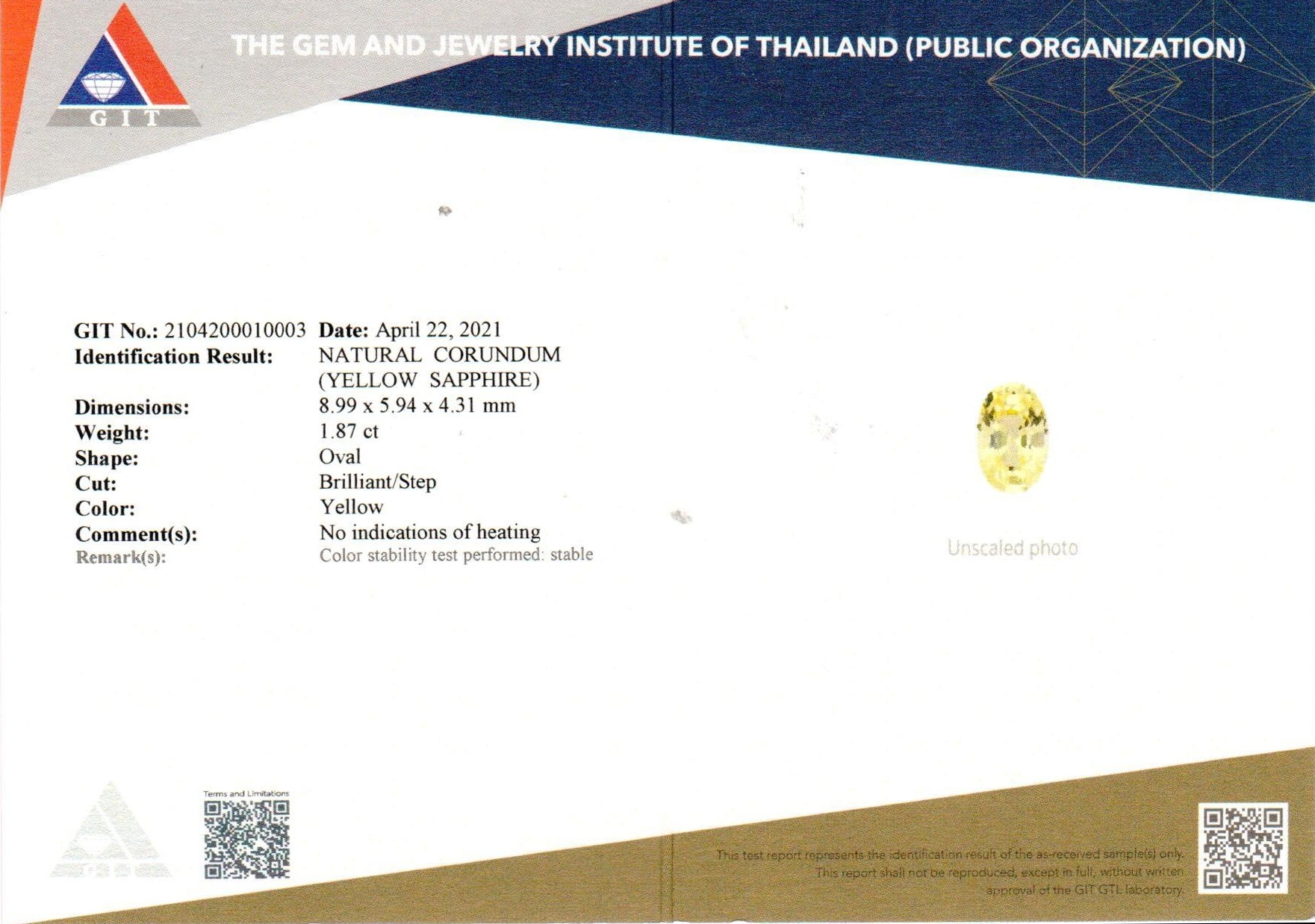 1.87 Ct. Yellow Sapphire from Ceylon (Sri Lanka)