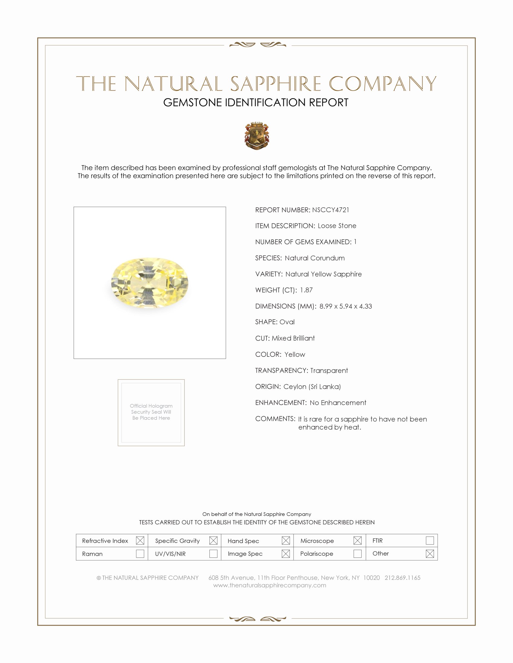 1.87 Ct. Yellow Sapphire from Ceylon (Sri Lanka)