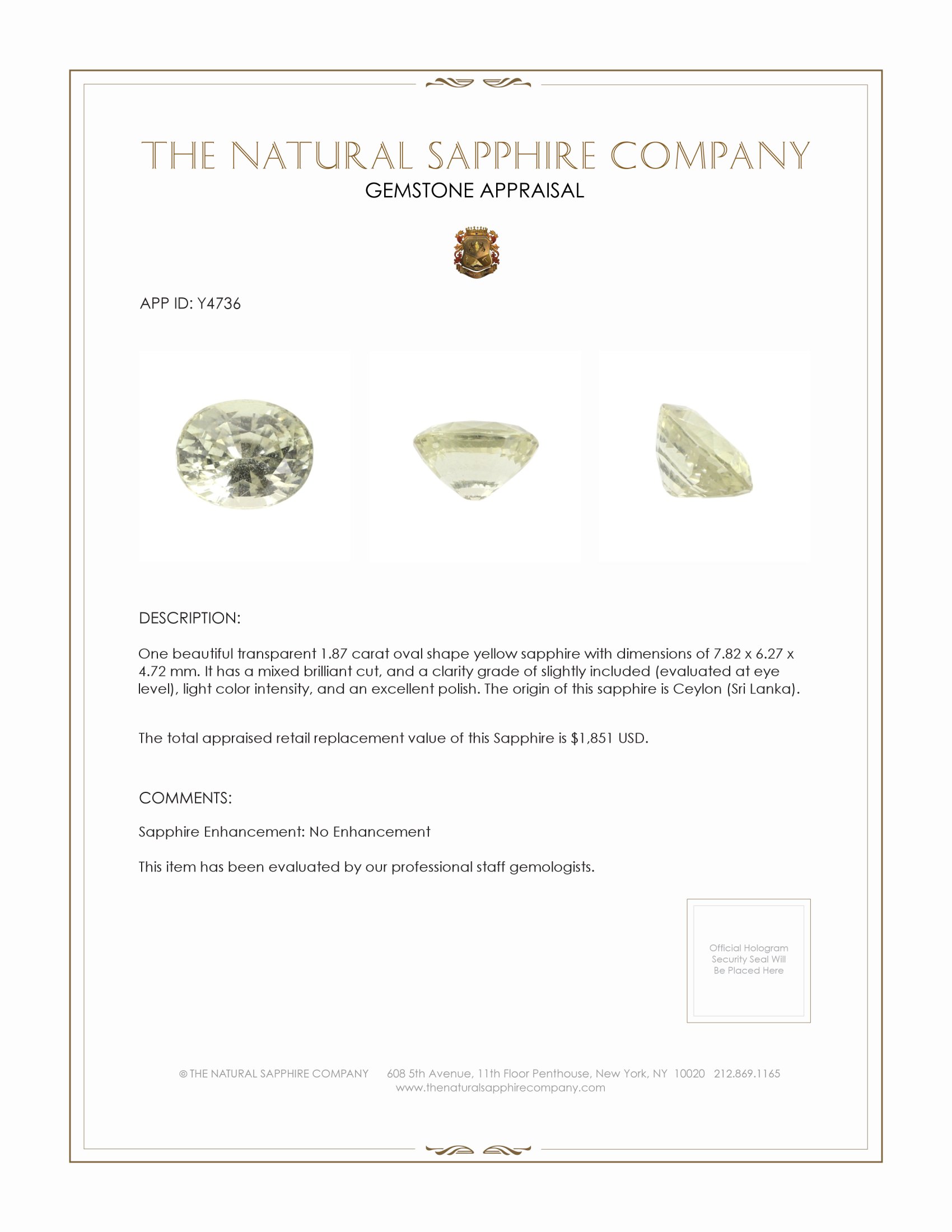 1.87 Ct. Yellow Sapphire from Ceylon (Sri Lanka)