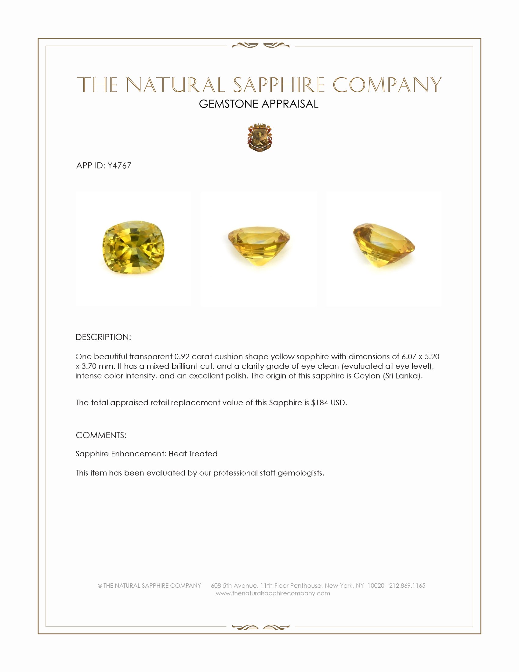 0.92 Ct. Yellow Sapphire from Ceylon (Sri Lanka)