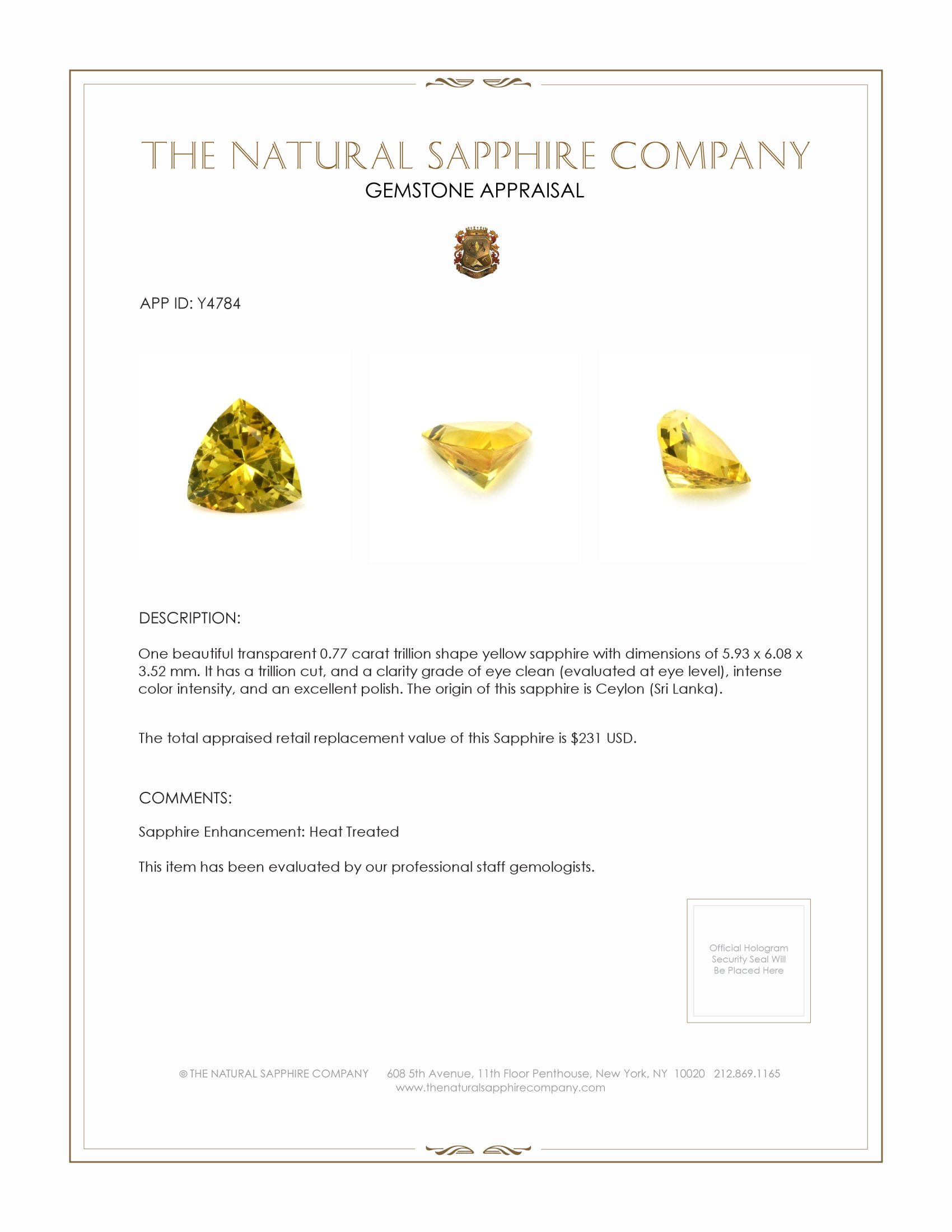0.77 Ct. Yellow Sapphire from Ceylon (Sri Lanka)